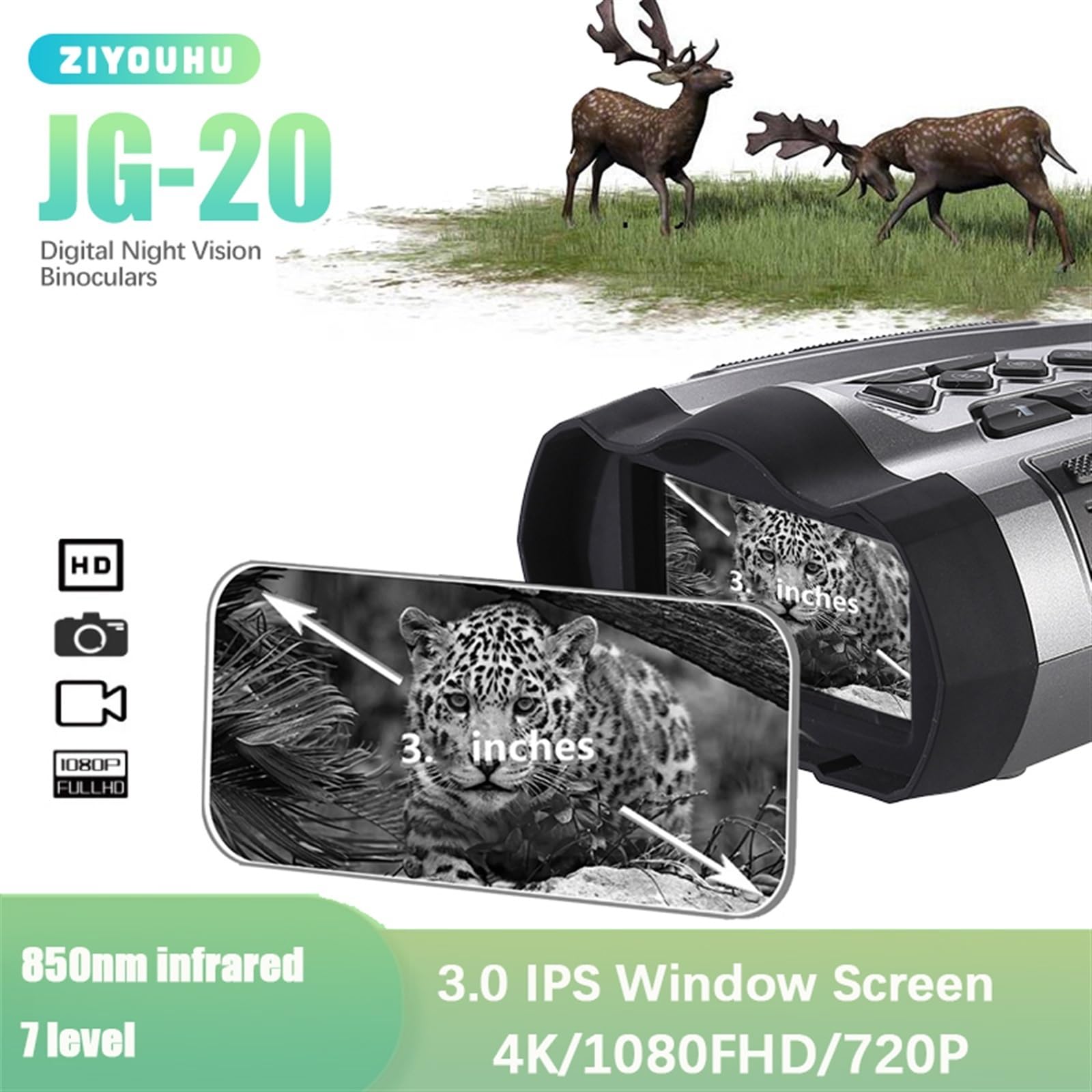 Noktowizor, Nowa lornetka noktowizyjna 10X z zoomem cyfrowym 7 klasy kamera wideo na podczerwień 4K FHD duży ekran do obserwacji myśliwskiej JG-20 Obserwacja HD na zewnątrz