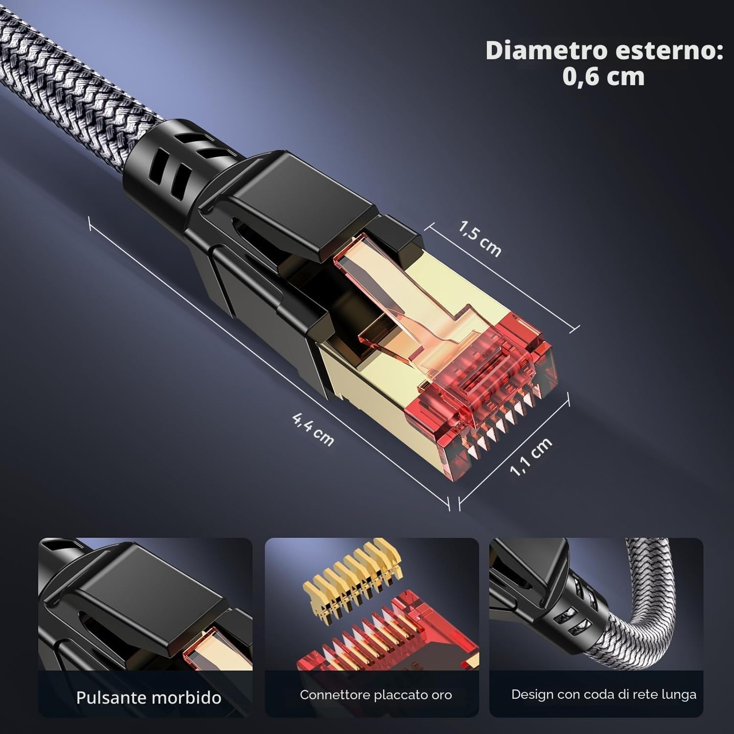 Cat 8 Cavo Ethernet 0.5M Intrecciato Rotondo Alta Velocità 40Gbps 2000MHz STP RJ45 Gigabit