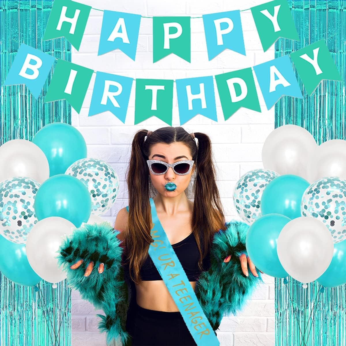 Omg Ur A Teenager Balloon Sash Teenager Birthday Party Decorations 13th Birthday Decorations for Girls Teal Blue Sweet 13 Happy Birthday Banner Cake Topper Foil Tinsel Curtain