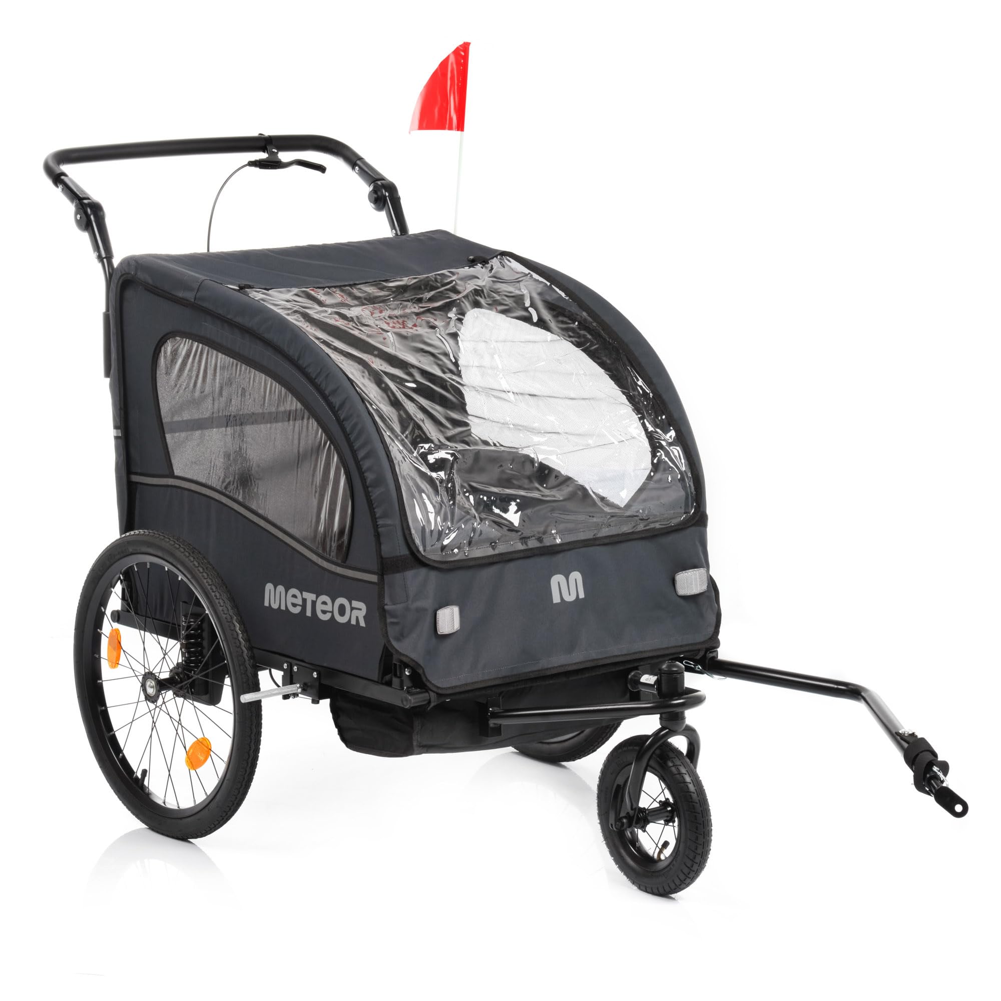 meteor Kinderfahrradanhänger 2 in 1 Fahrradanhänger und Jogger für 2 Kinder bis 44 kg ab 18 Monaten mit Regenverdeck Sicherheitsfahne Reflektoren Handbremse Stauraum Stahlrahmen Grau BX-50