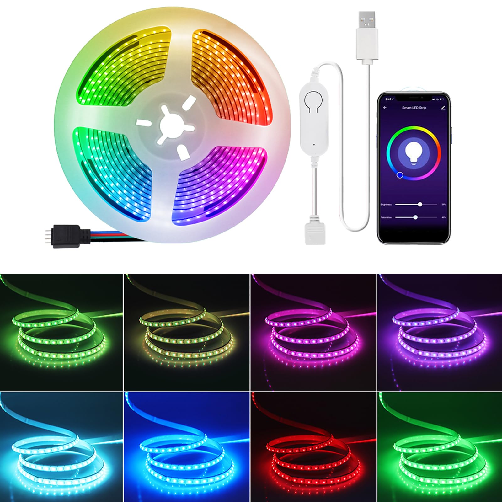 KISUFU Tira de LED COB USB RGB 5V, WiFi Tira de luces LED 180 LEDs/M Super Brillante USB Strip Light para decoraciones de fiestas Hogar DIY.