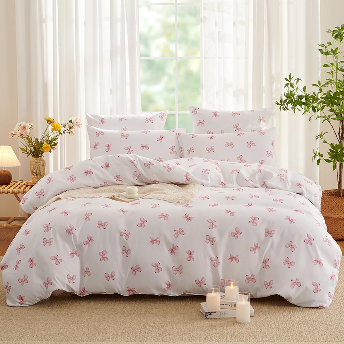 White Comforter Set Full Size - Pink Bow Quilt Bedding Set 3 Pieces, Comforter Set Full, Soft & Lightweight Comforter(79‘’ x 90‘’) for Girl All Season & 2 Pillowcases(30‘’x20‘’) - Image 2