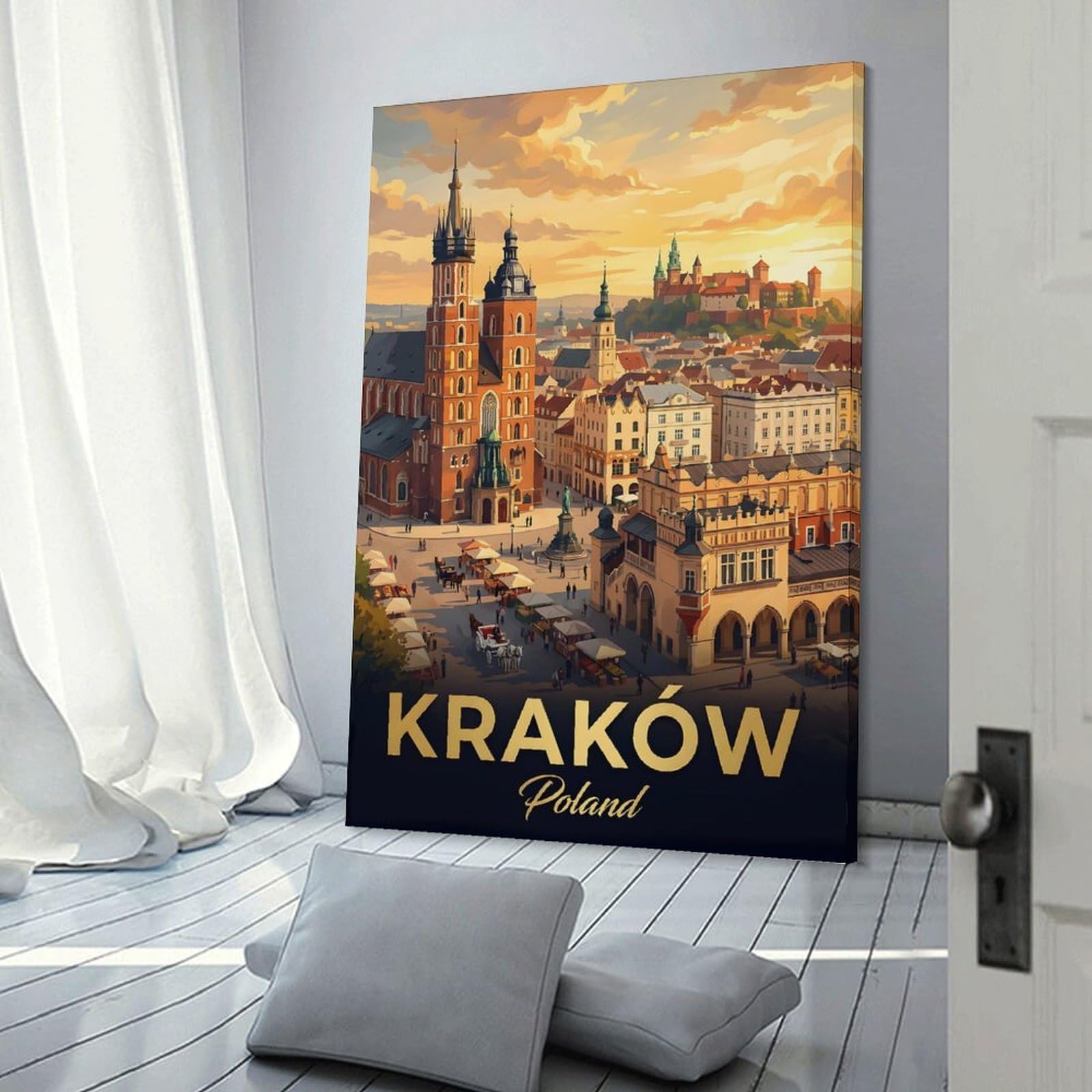 Junmoney Krakow Cityscape with St. Marys Basilica Room Decor Wall Art, 24x36inch(60x90cm), for Bedroom Walls, Guest Spaces Or Lounges, Stylish Decor for A Restful Room Update