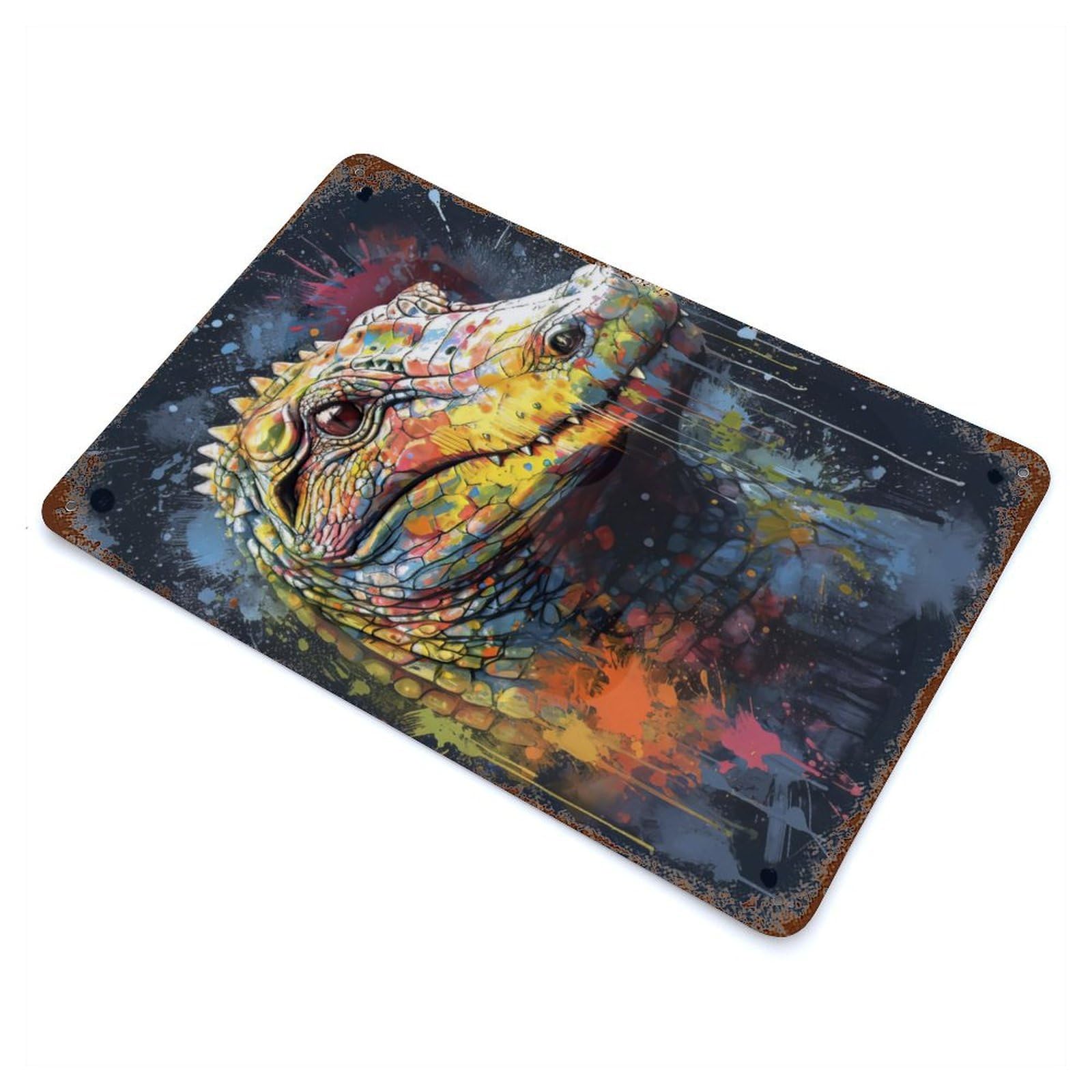 Weathered Tin Sign with Crocodile Painting Design 11.8"x7.9", for Basement, Hobby Room And Garage Decor, Industrial Home Decor