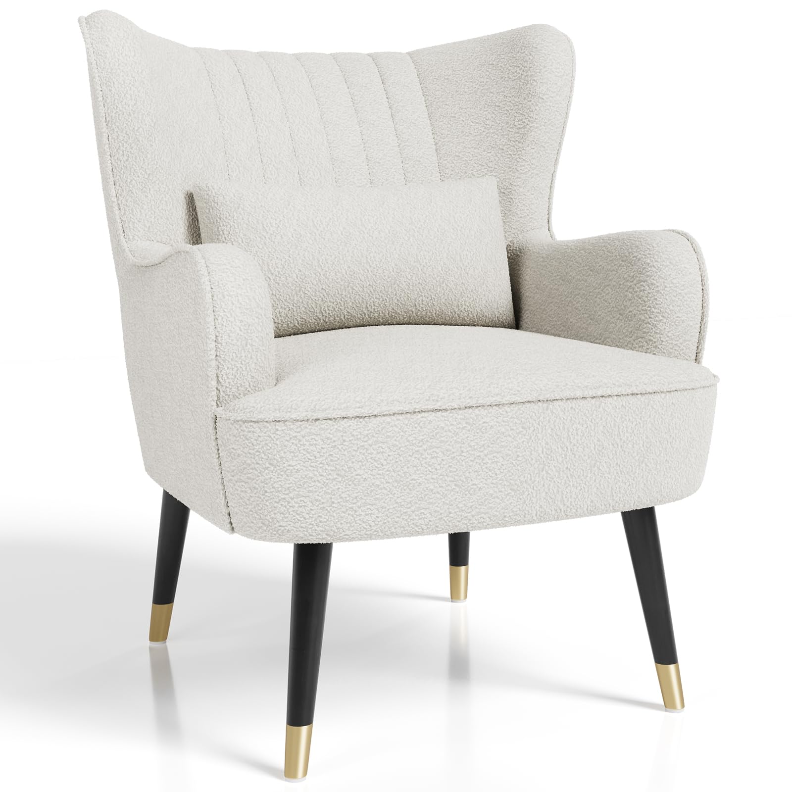 Vesgantti Teddy Fleece Accent Chair with Lumbar Pillow, Modern Wing Back Armchair Lounge Chair, Large Cuddle Chair for Living Room Bedroom Study Room Office(White)