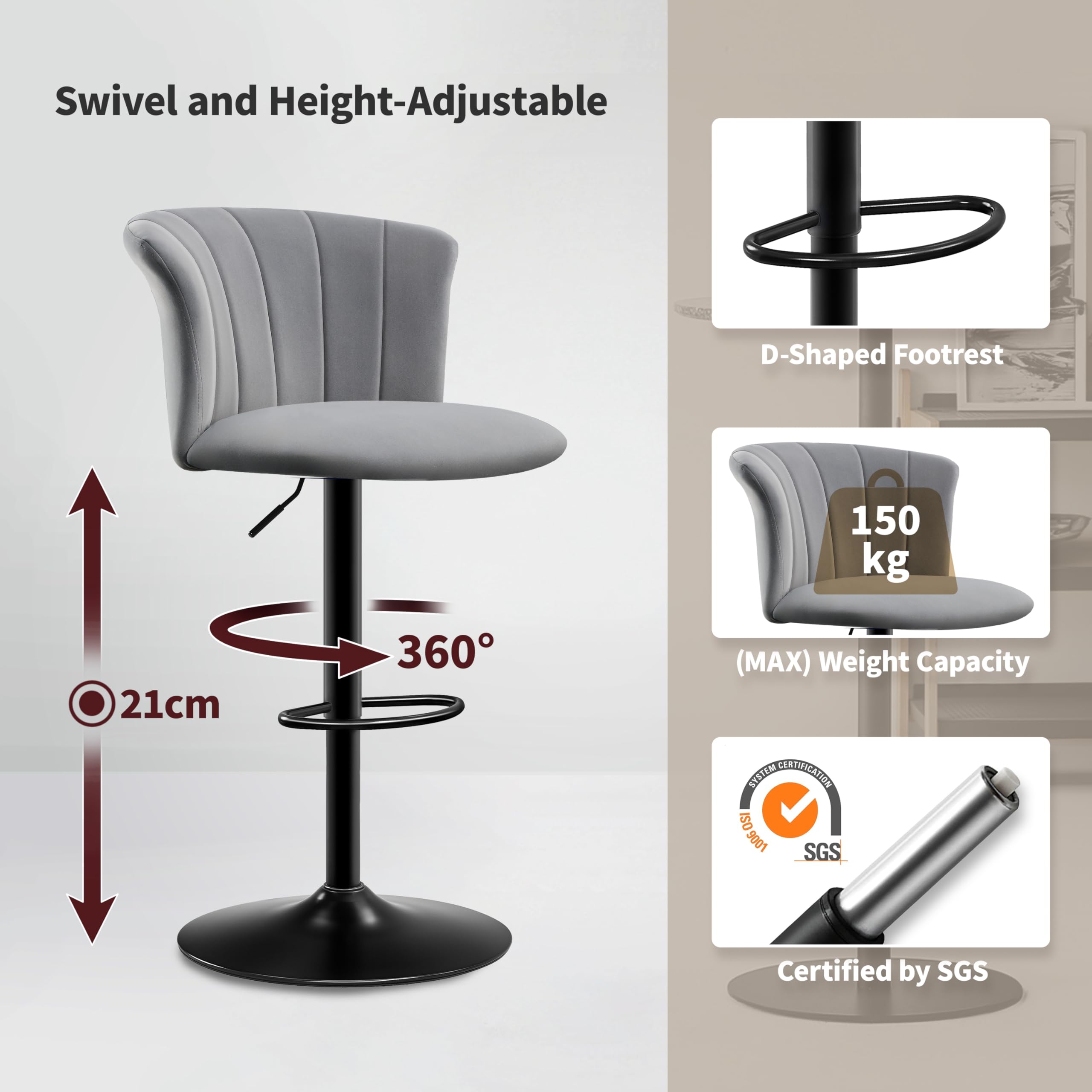 STOOLINK Set di 2 Sgabello da Bar, Sedia da Bar Tessuto Velluto Seta, Sgabelli Cucina con Poggiapiedi, Sgabelli da Bar Regolabile, Sgabelli Bar Girevole a 360° con Schienale-Grigio