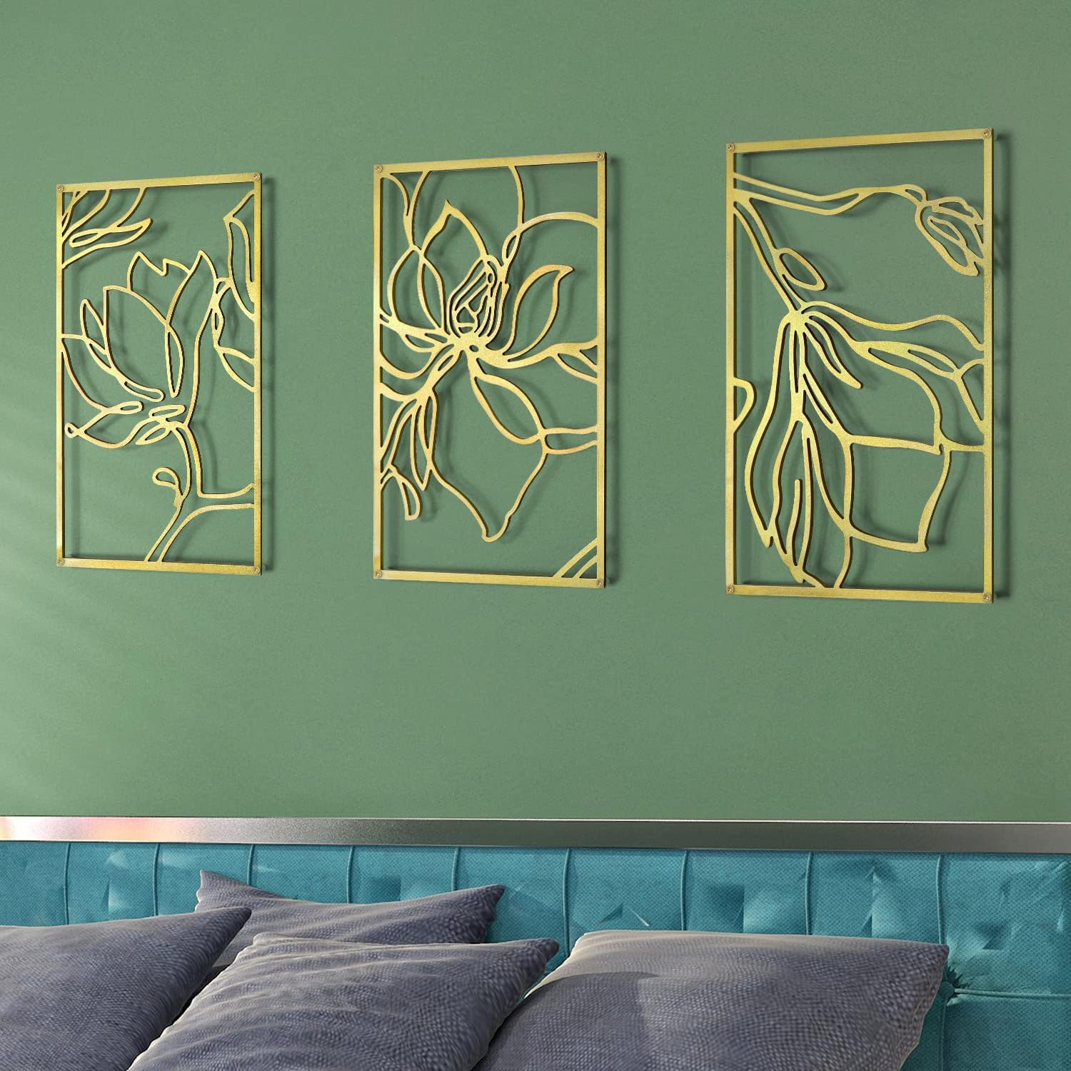 Pinetree ArtGold Metal Wall Art Flowers 3D Line Minimalist Decor Wall Sculpture Minimalist Decor Home Wall Decoration, Set of 3 (flower-gold)