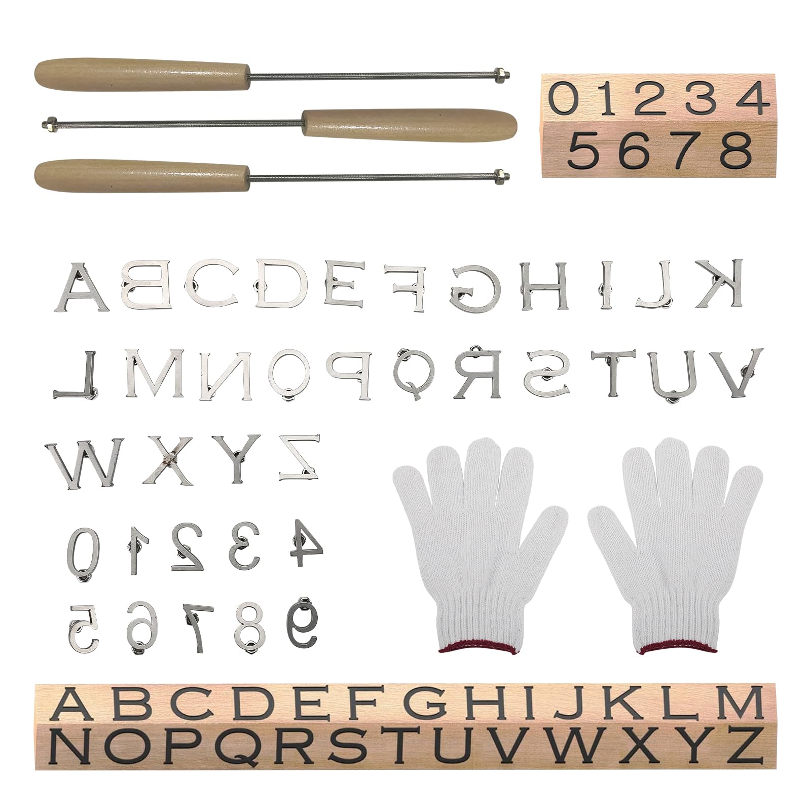Photo 1 of Aepiraza 36Pcs Mini 1/2" Branding Irons, 26Pcs Letters and 10Pcs Numbers Leather Branding Tool with 3Pcs Changeable 12" Handle for Wood Working, Leather Hats, Felt, Cowhide (1/2")