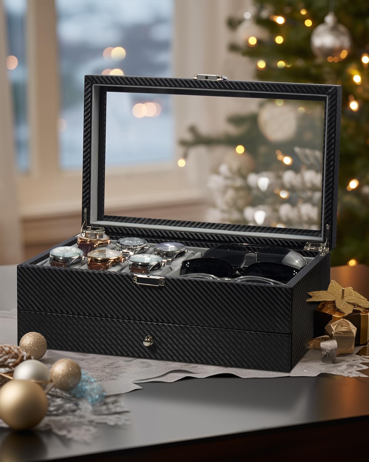 Caja para relojes, estuche para relojes de 6 ranuras, organizador de gafas de 3 compartimentos, joyero para hombre con tapa de cristal transparente, doble capa con cerradura de llave, regalo, negro-