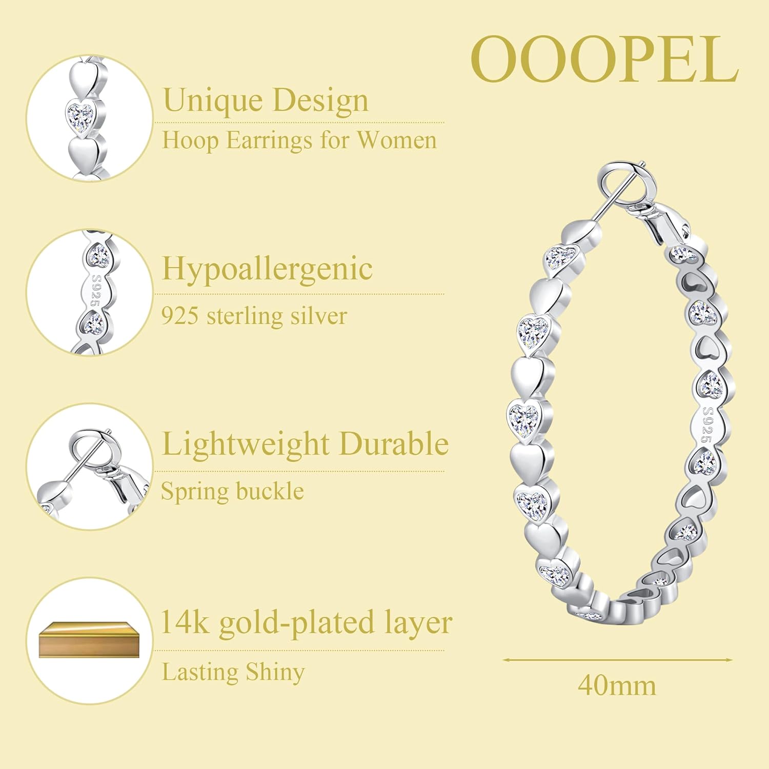 OOOPEL Heart Cubic Zirconia Large Hoop Earrings for Womens 925 Silver 14k Gold Plated Hypoallergenic Rhinestone Hoops Earring Sparkly Jewelry Gift 30/40/50/60mm - Image 3