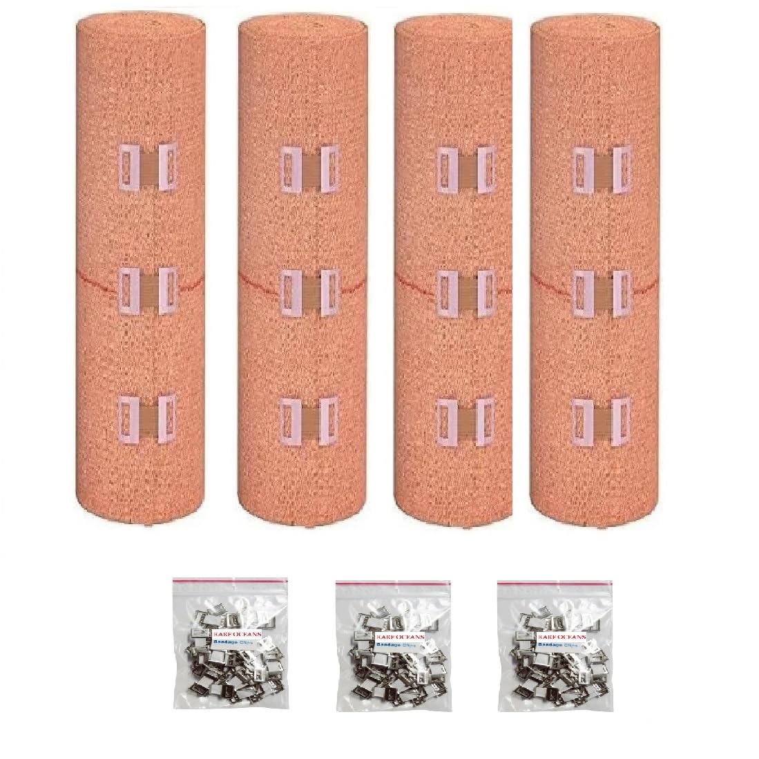 RARE OCEANS Crepe Bandage for knee/leg/wrist/ankle/elbow/hand/foot/finger/Sports Elastic Compression 15CM (WIDTH) X 4 METER(STRETCH LENGTH) (PACK OF 4) EXTRA CLIPS (B0CRF74VJG) Amazon Price History, Amazon Price Tracker