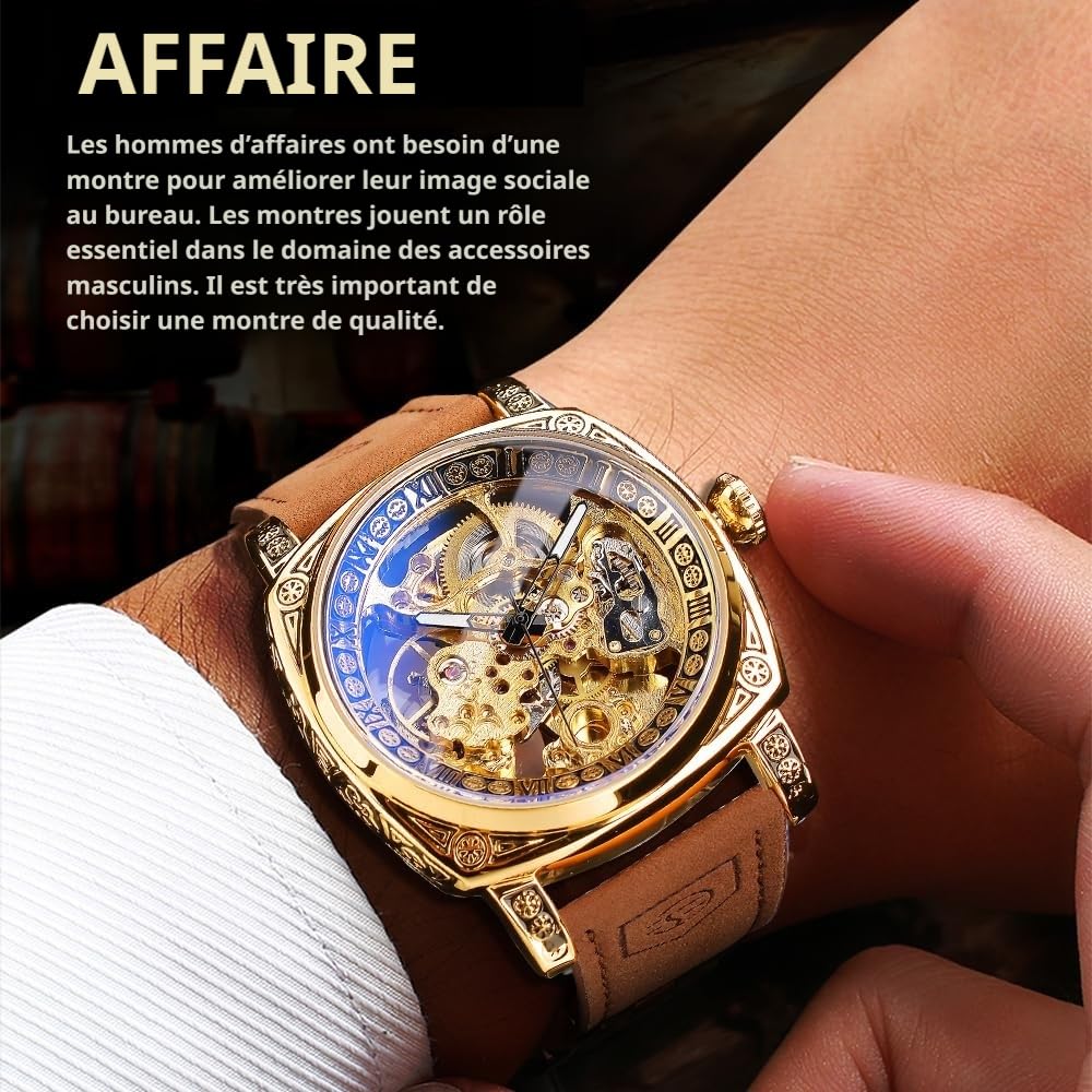 FORSINING Montre Homme Mécanique Automatique Carrée Squelette Dorée, Bracelet en Cuir Vintage Style Rétro, Étanche, Montre Bracelet Classique pour Homme
