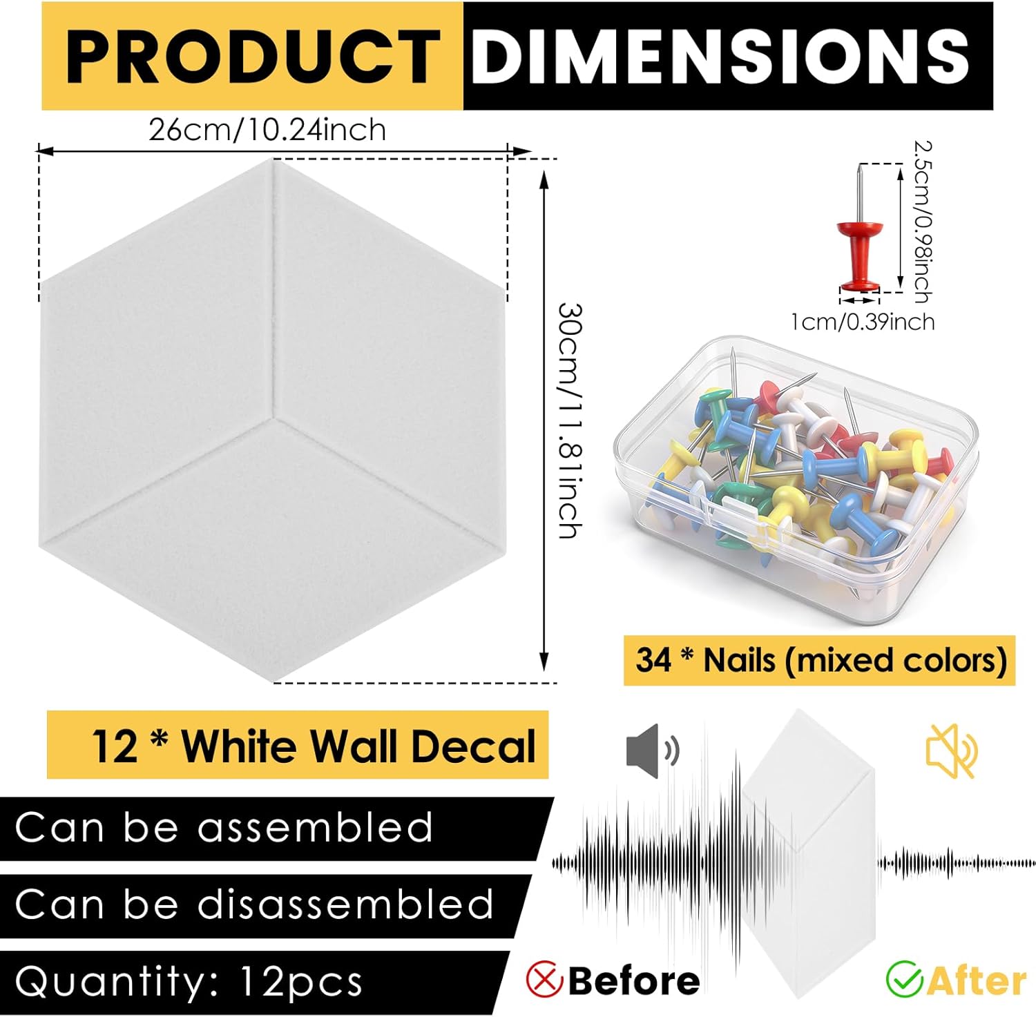 Hexagon Cork Board Alternative for Wall Decor, 12 Pack Felt Bulletin Board Tiles with Pushpin for Office and Home Wall Decor(White)