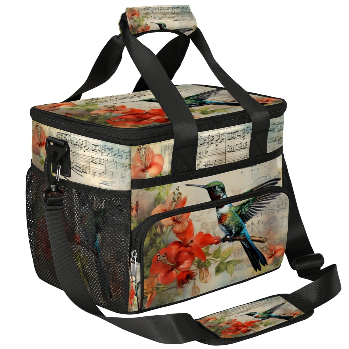 Bird Red Flowers Insulated Picnic Backpack Lunch Box for Women Men Picnic Basket Tote Lunch Bag Picnic Bag Portable Lunch Bags for Picnic, Beach, Work, Trip,Office, Camp Hummingbird
