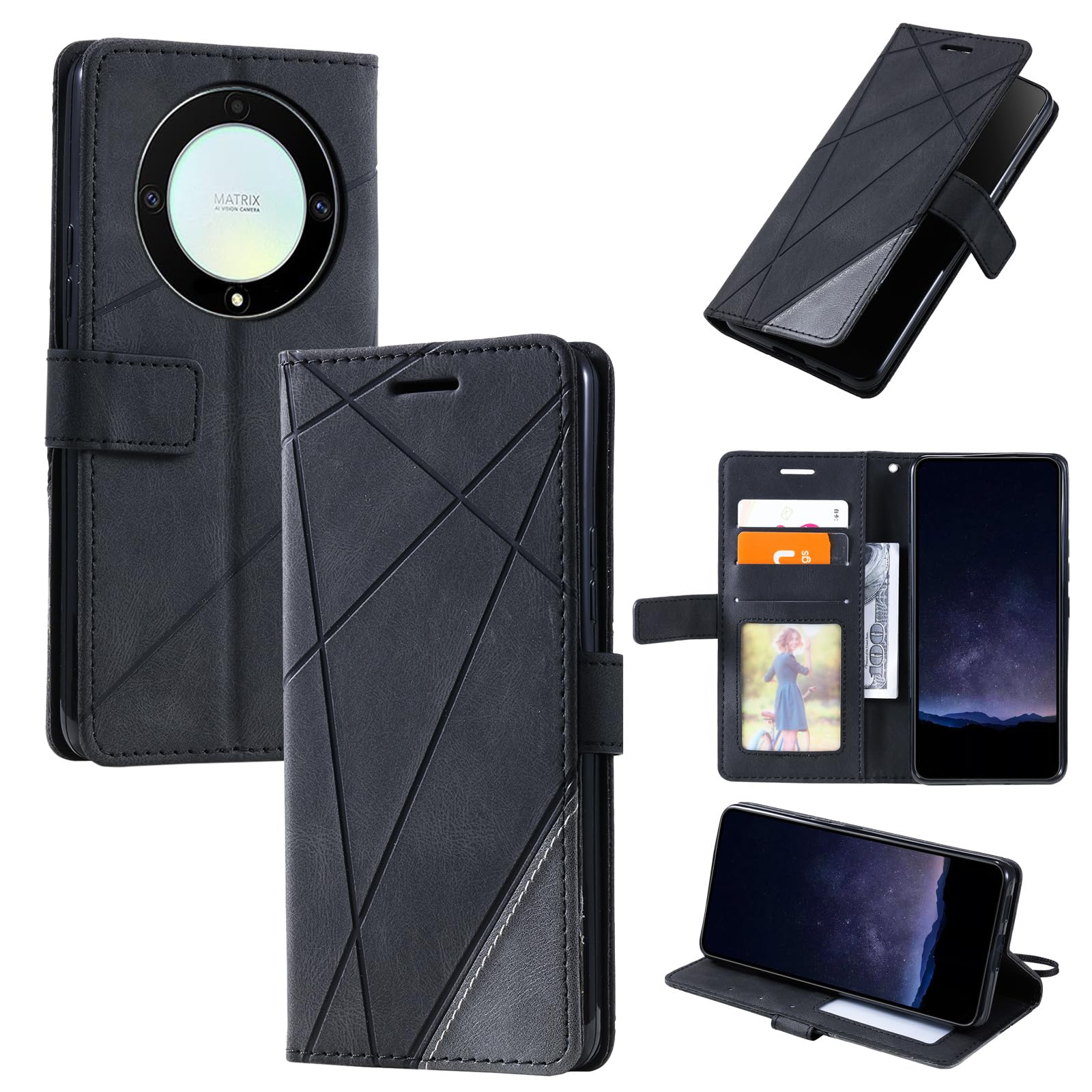 Kukoufey Compatible with Honor Magic 5 Lite Leather Case, Compatible with Honor X9a 5G RMO-NX1 / Magic 5 Lite 5G RMO-NX3 / X40 5G Flip Case Mobile Phone Case Black