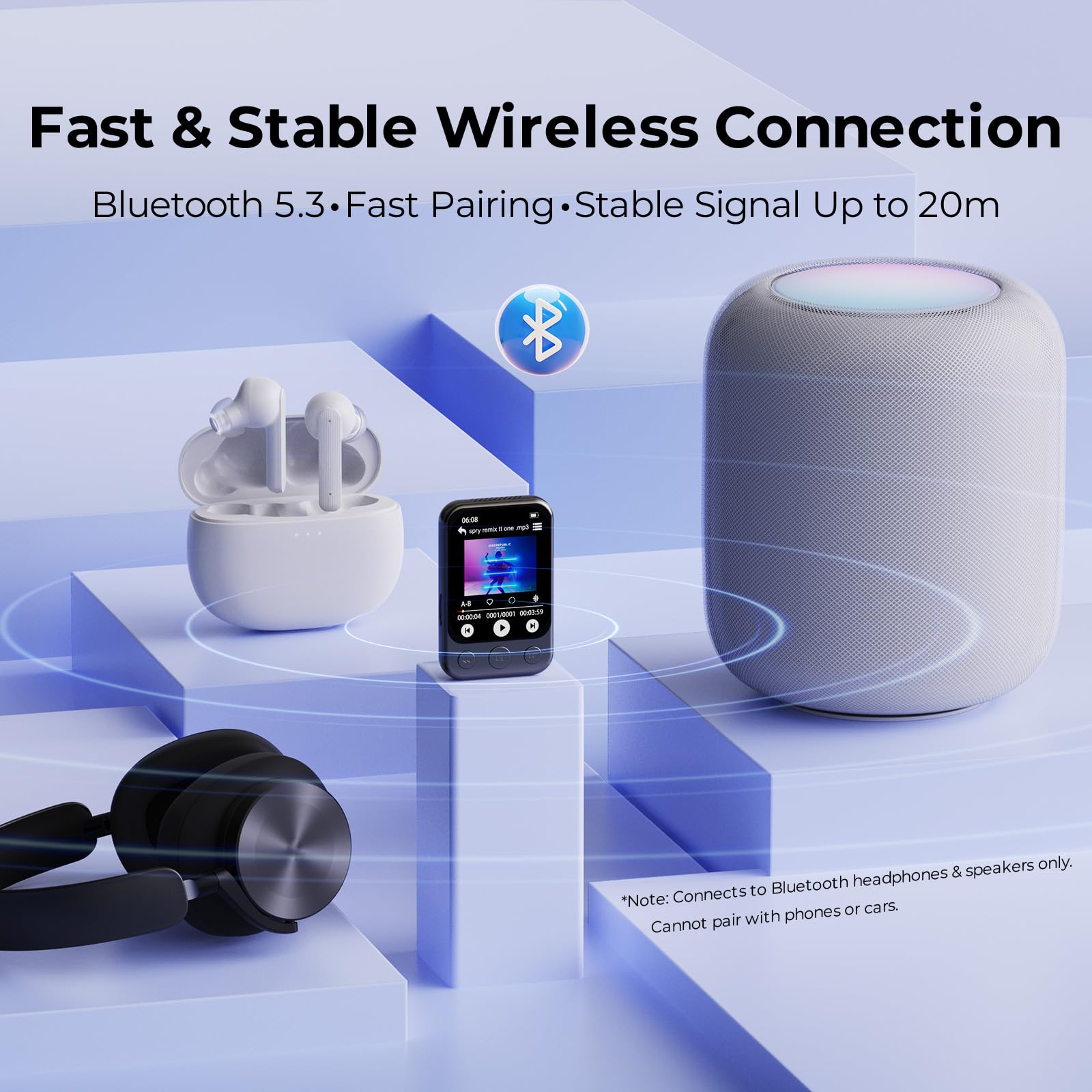64GB Lettore MP3 Bluetooth 5.3 con Clip e Altoparlante, Lettore Musicale Sportivo con Touchscreen e Tasti, Controllo Volume Indipendente, Radio FM, Registrazione Vocale, Espandibile fino a 128GB | Musica senza smartphone, leggero da 37 g, facile da usare,