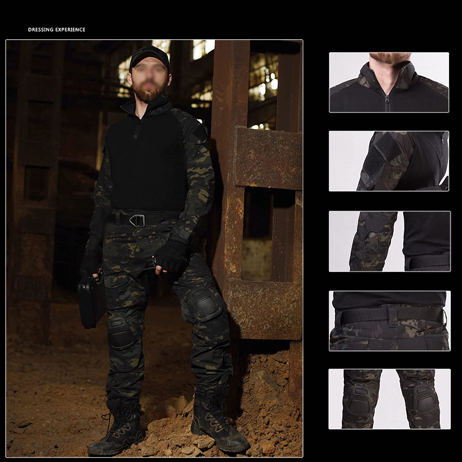 Chemise Tactique CP Grande Taille,Uniforme entraînement Manches Longues Camo,Pantalon Fan Militaire,vêtements Paintball Airsoft,Tenue Chasse au Jeu Combat(sans Ceinture),Style1,8XL