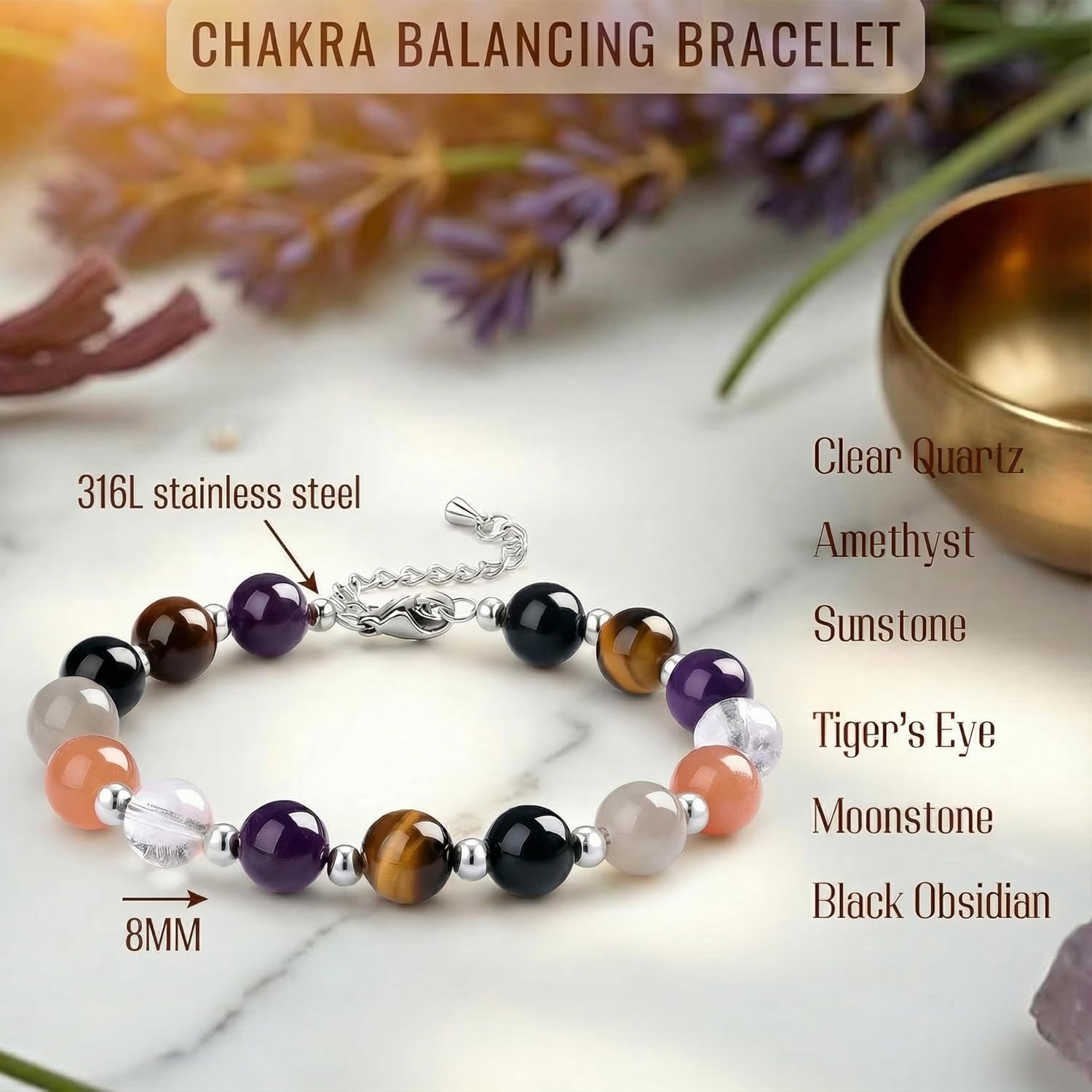 Genuine Healing Crystal Bracelet for Women & Men. Chakra Bracelet for Anxiety Relief, Wealth & Protection. Adjustable 6.5-8 Inch Beaded Bracelet with Gift Box.Healing Bracelet for Yuga & Meditation - Image 2
