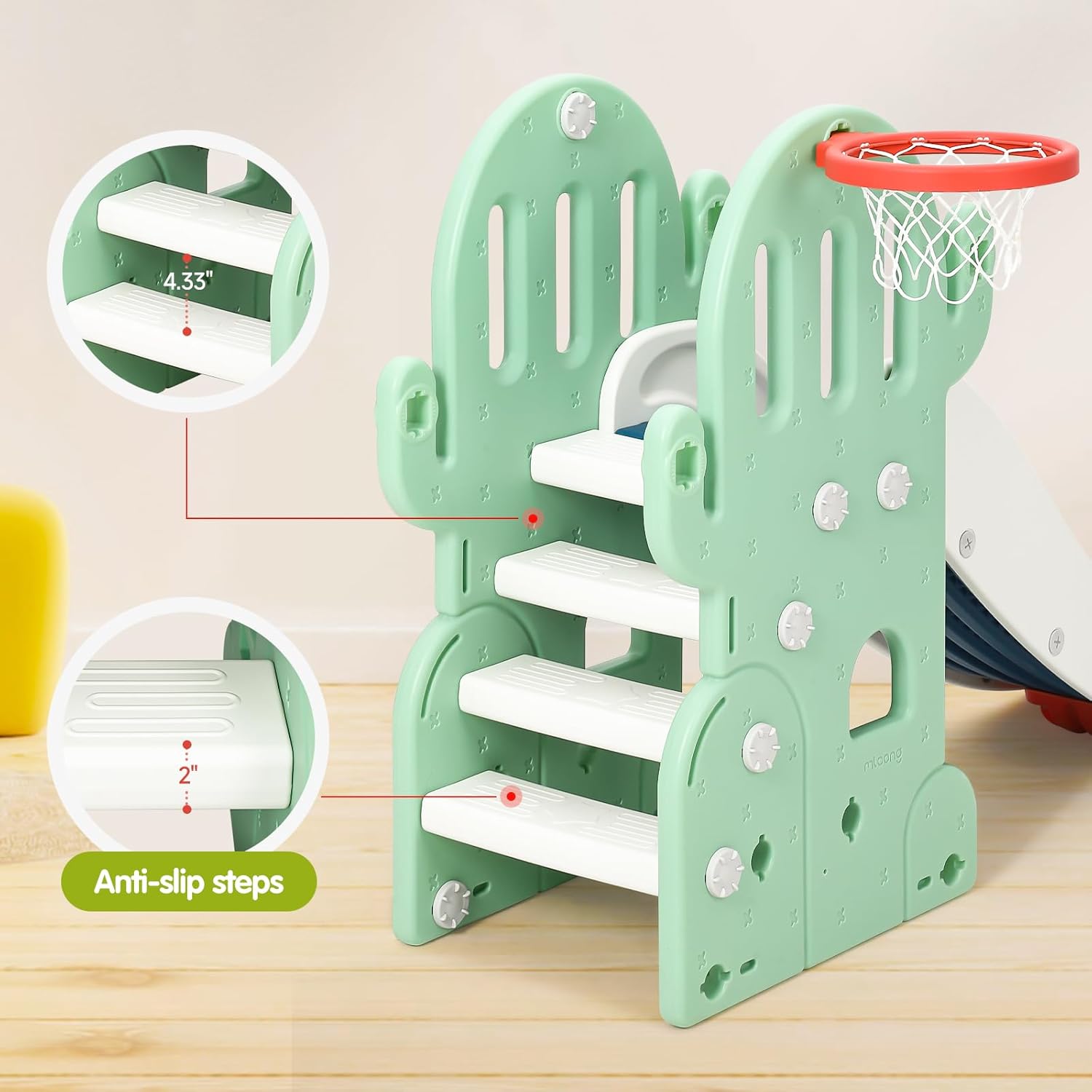 Close-up of the climbing steps showing anti-slip texture and dimensions of 4.33 inches step height and 2 inches step thickness.
