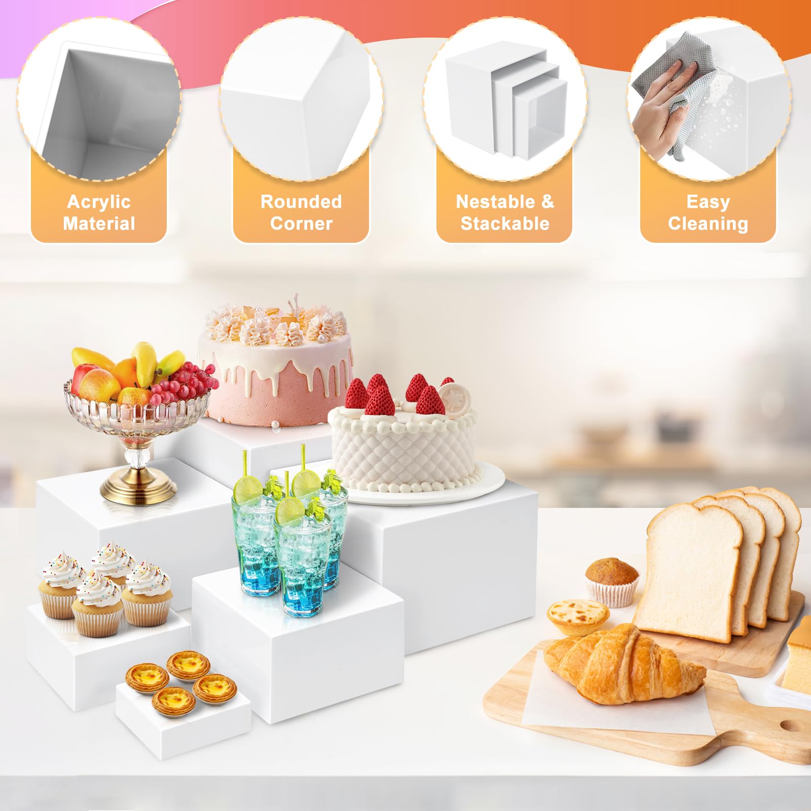 Présentoir Aperitif Buffet 6 PCS, Support Buffet en Acrylique à Fond Creux, Présentoirs pour Aliments, Desserts, Bijoux, Figurines, pour Table de Fête, Décoration (Blanc)