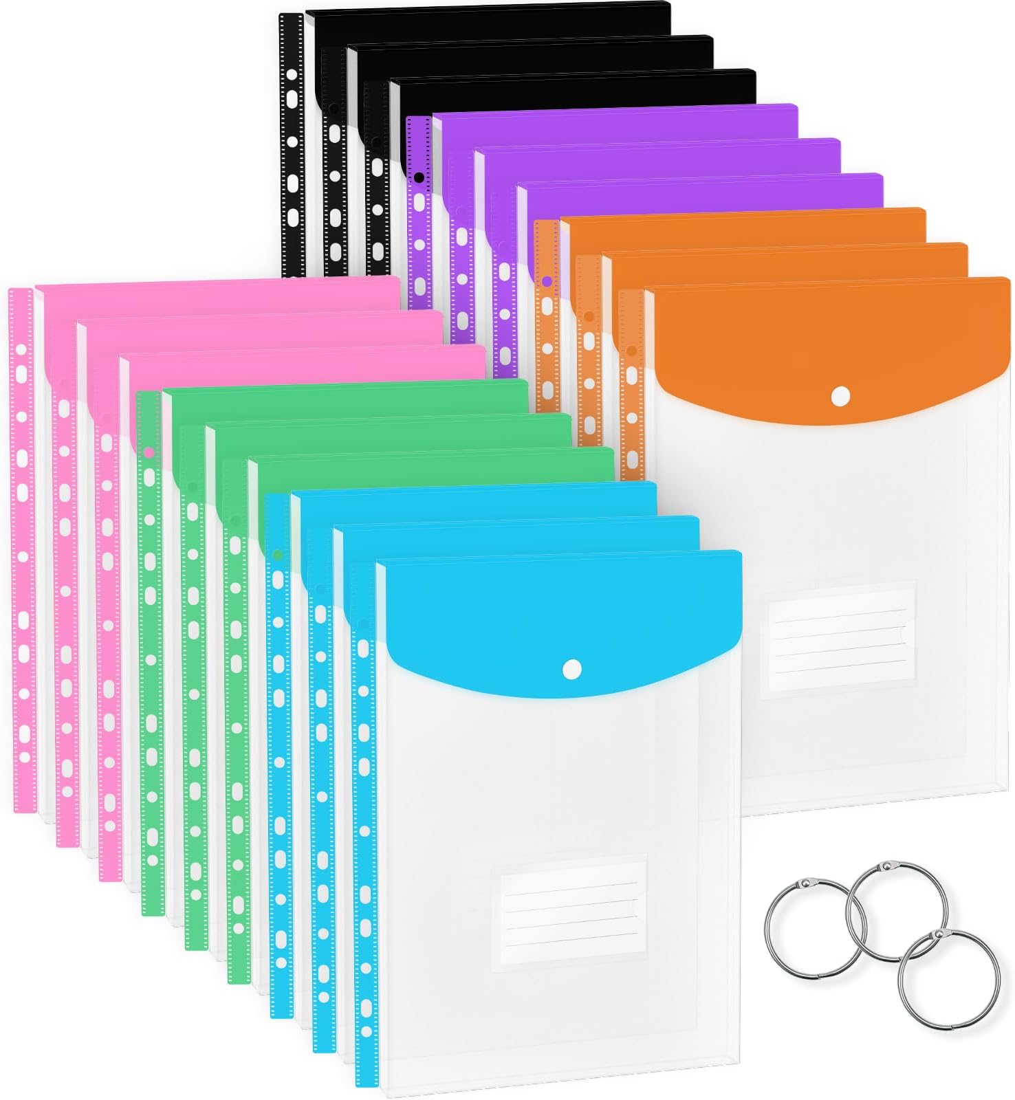 Plastic Envelopes Binder Pockets with Snap Button & Labels, 11-Hole Clear Expandable Folders for 2/3/4 Ring Binders, with 3 Binder Rings, Loose-Leaf Document Pouches (18 Pack - Portrait)