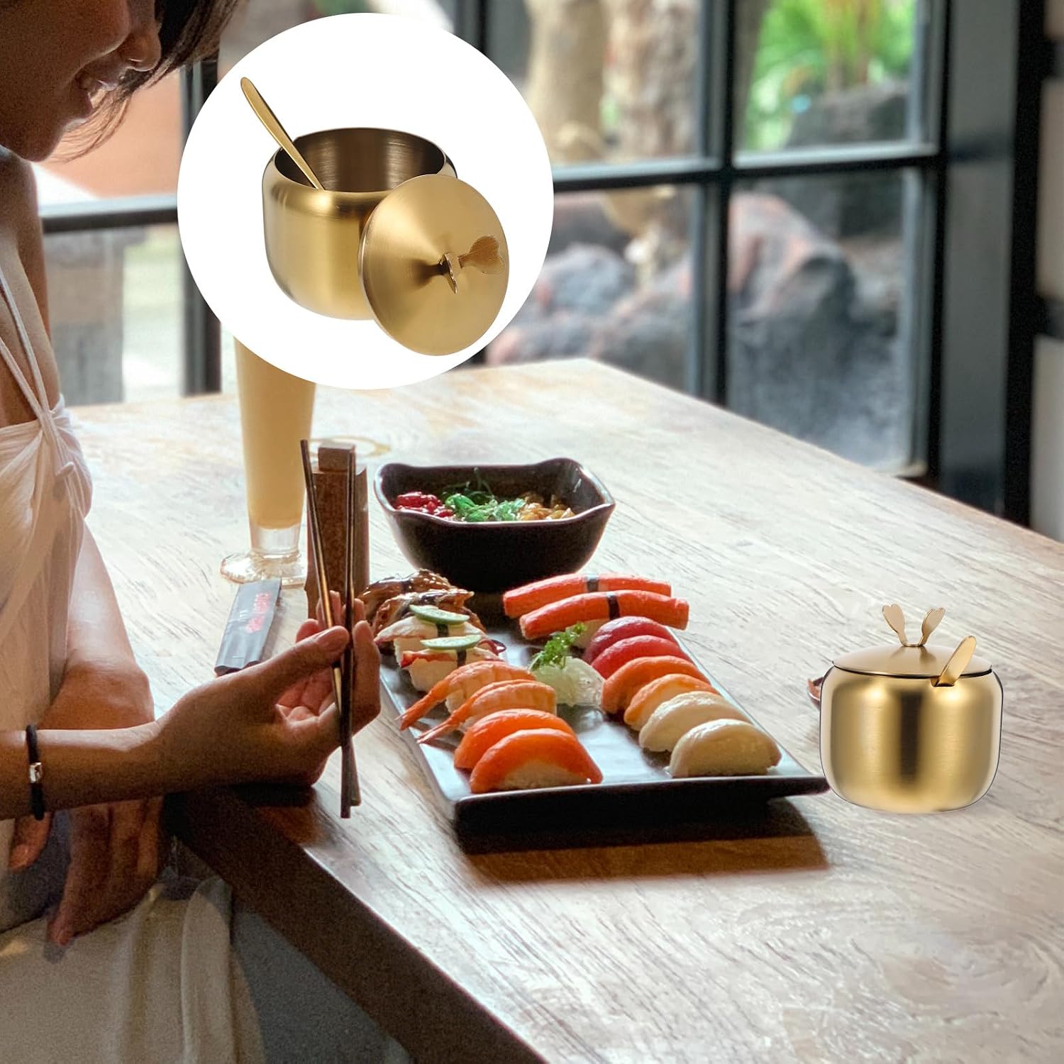 Golden Condiment Pot Seasoning Jar Stainless Steel with Lid Spoon