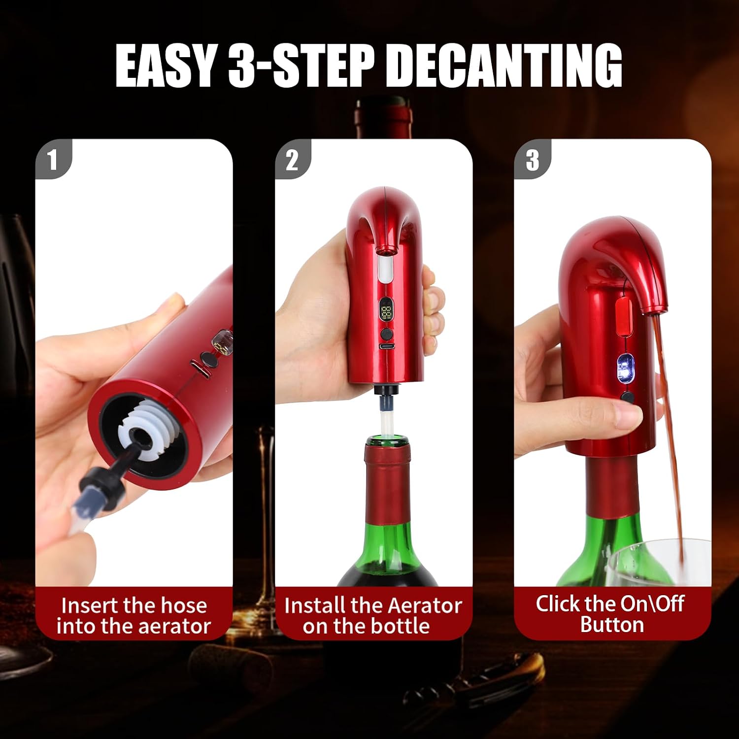 Electric Wine Aerator, Wine decanter with aerator, Electric wine dispenser, Wine aerator pourer spout, Automatic wine dispenser, Wine Decanter Pump, Wine Accessories Gifts for Wine Lovers（Red）