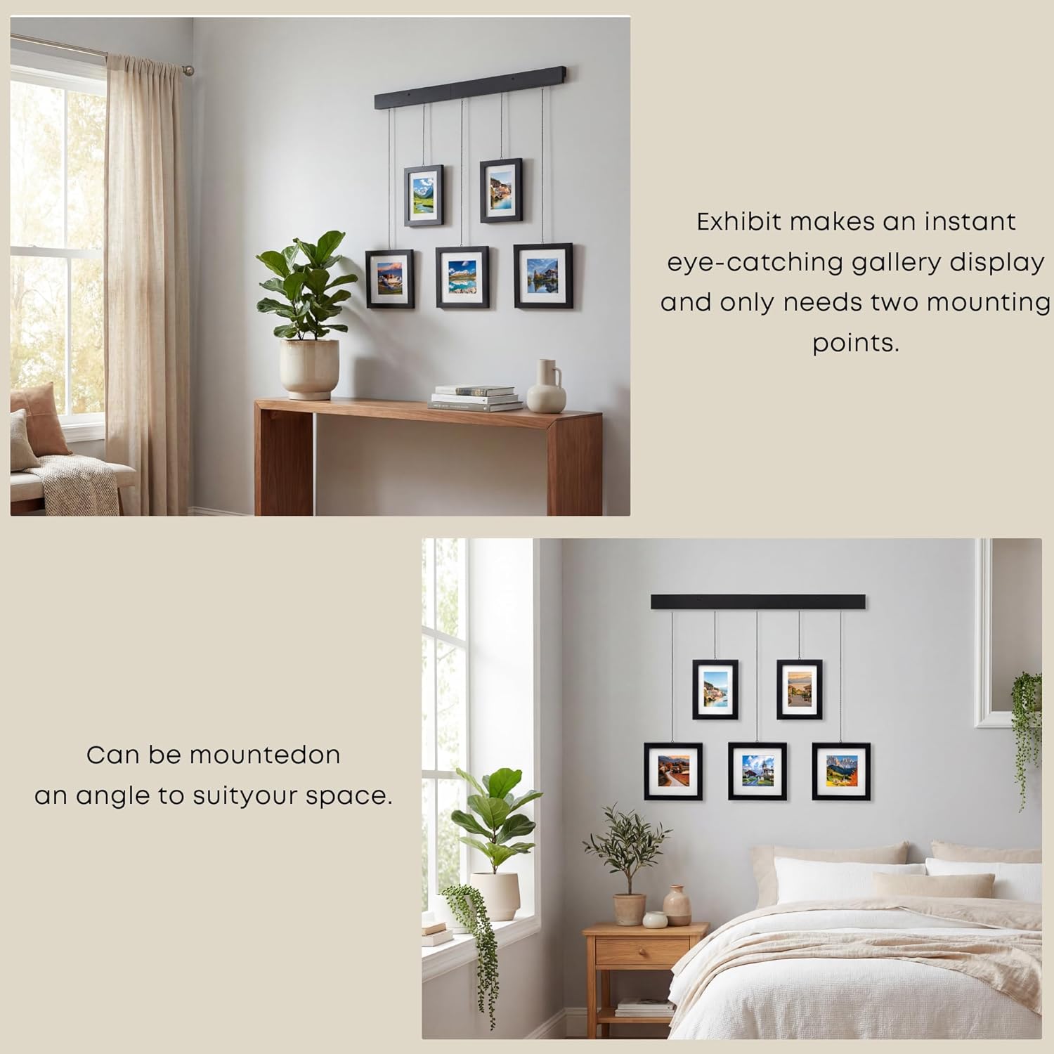 Solid Wood Collage Picture Frame Set of 5, Black Gallery Wall Hanging Frames with Adjustable Metal Chains, Displays Two 5x7 and Three 7x7 Photos,Ideal for Living Room, Office and Home Decor