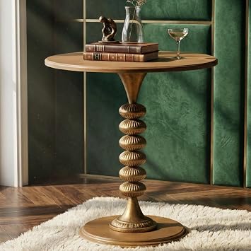 Round Side Table, Vintage End Table with Brass Ornate Base, 25.6-Inch Accent Pedestal Table with Wood Top for Living Room Bedroom