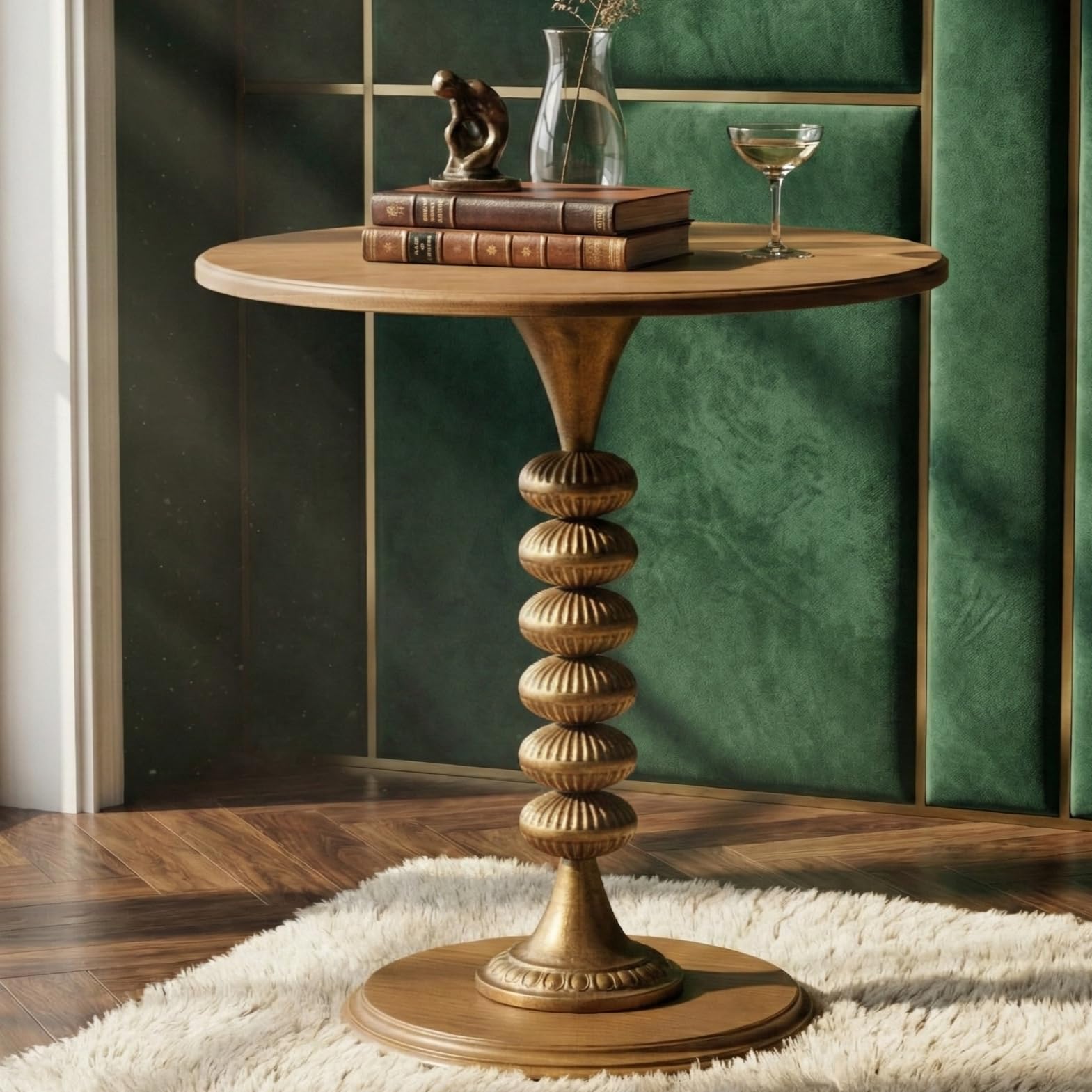 YUIlili Round Side Table with Brass Ornate Base