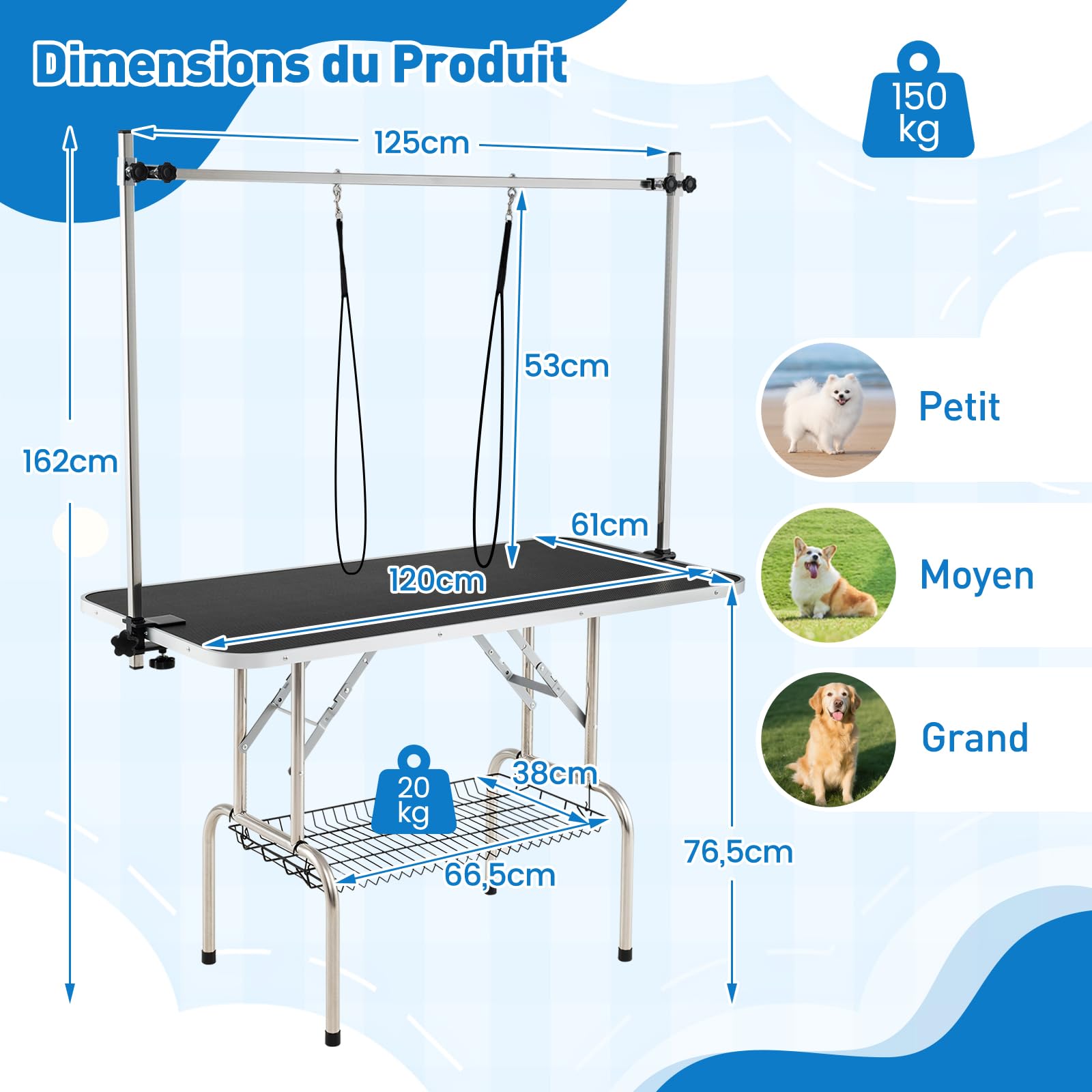 COSTWAY Table de Toilettage pour Chien Pliable, Bras Réglables en Hauteur, 2 Sangles, Pinces Amovible, Plateau Fond en Maille, Table Toilettage Chien Chat, Charge 150 kg, 125 x 61 x 162,5 cm