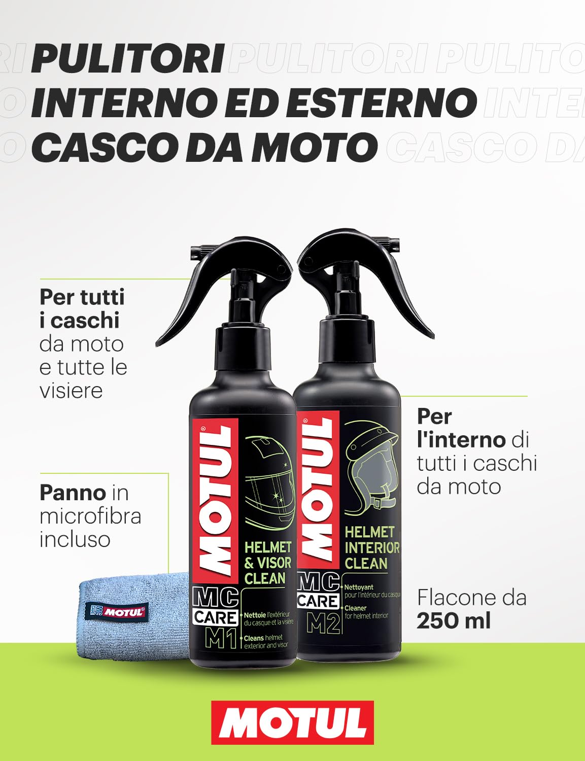 Motul - Kit di Pulizia per Caschi da Moto - Pulitore Esterno per Casco e Visiera + pulitore Interno + Panno in Microfibra - MC Care Helmet & Visor Clean M1 - MC Care Helmet Interior Clean M2
