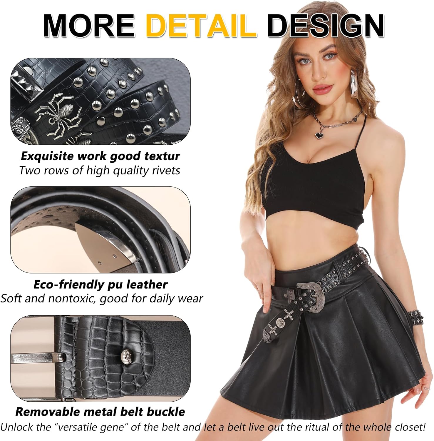 Black Western Cowboy Belt for Men Women Western Cowboy Cowgirl Y2k Studded Belt Western Punk Studded Belts