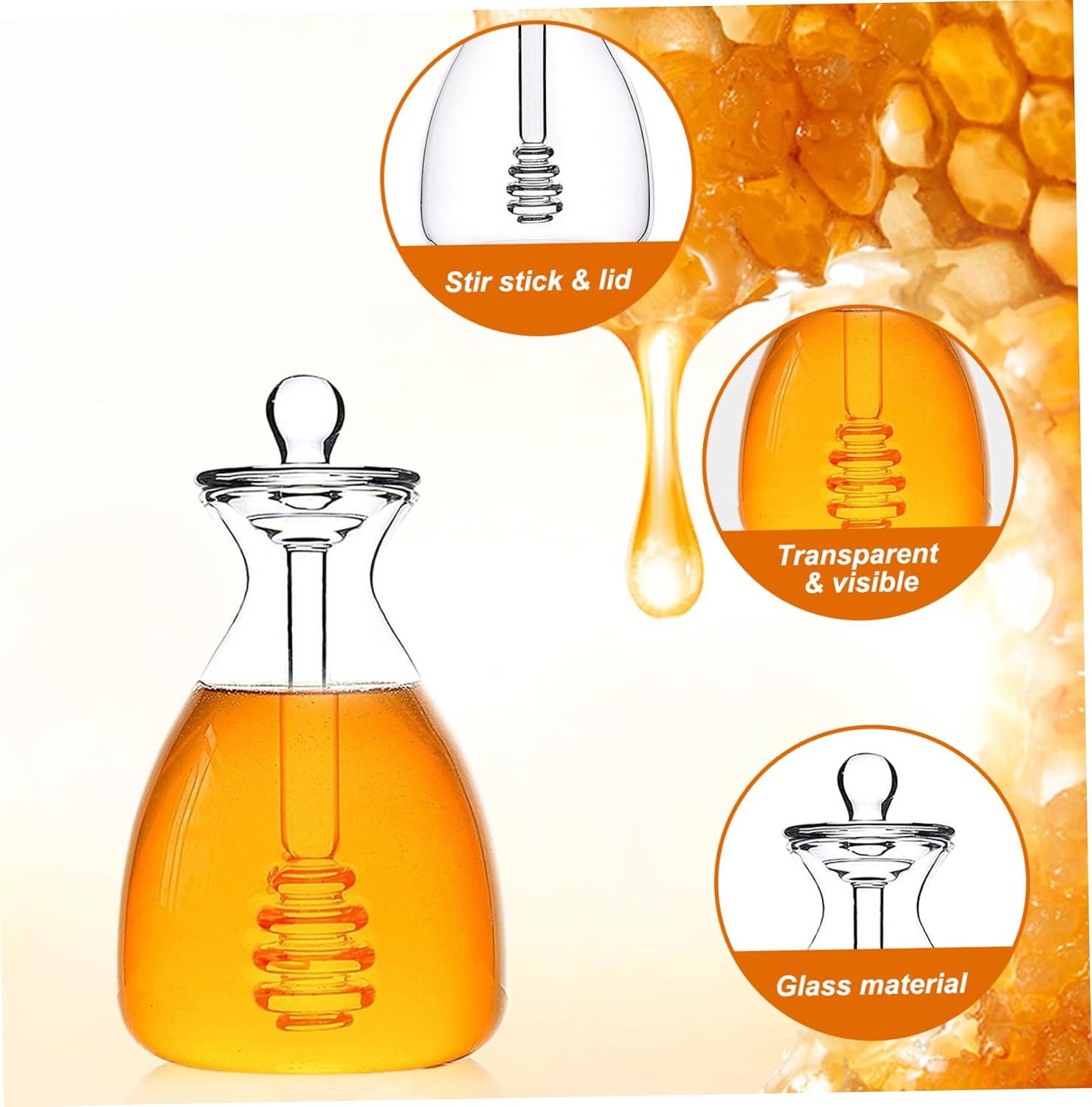 Glass Honey Dispenser Portable Clear Honey Pot and Drizzler Glass Bee Pot with Dipper and Lid Creative Bottle Container for Home Kitchen Accessories. image 2