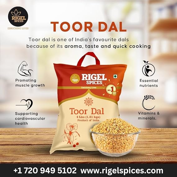 Rigel Spices Toor Dal 4 lbs - Protein Rich Pigeon Pea Split - Arhar Dal for Nutritious Meals - Natural Yellow Toor Dal Lentils - Essential Indian Cuisine Ingredient.