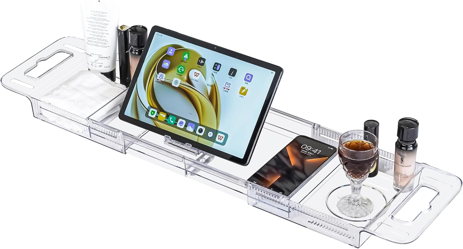 Expandable Bathtub Tray (22-31") - Transparent Bath Caddy with Non-Slip Pads, Adjustable Spa Table for Wine, Books & Phone, Perfect Housewarming for Women