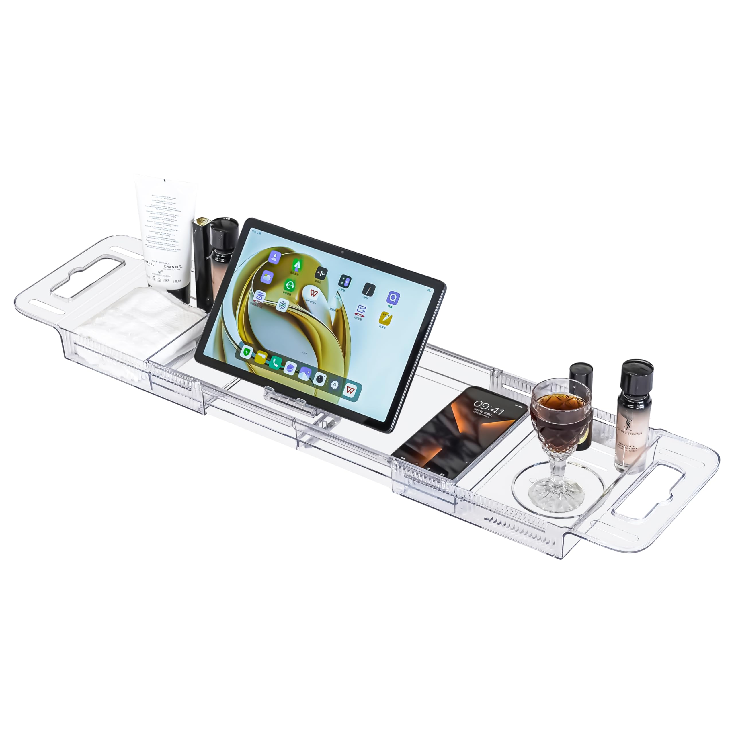 BERGFBV Expandable Bathtub Tray (22-31") - Transparent Bath Caddy with Non-Slip Pads, Adjustable Spa Table for Wine, Books & Phone, Perfect