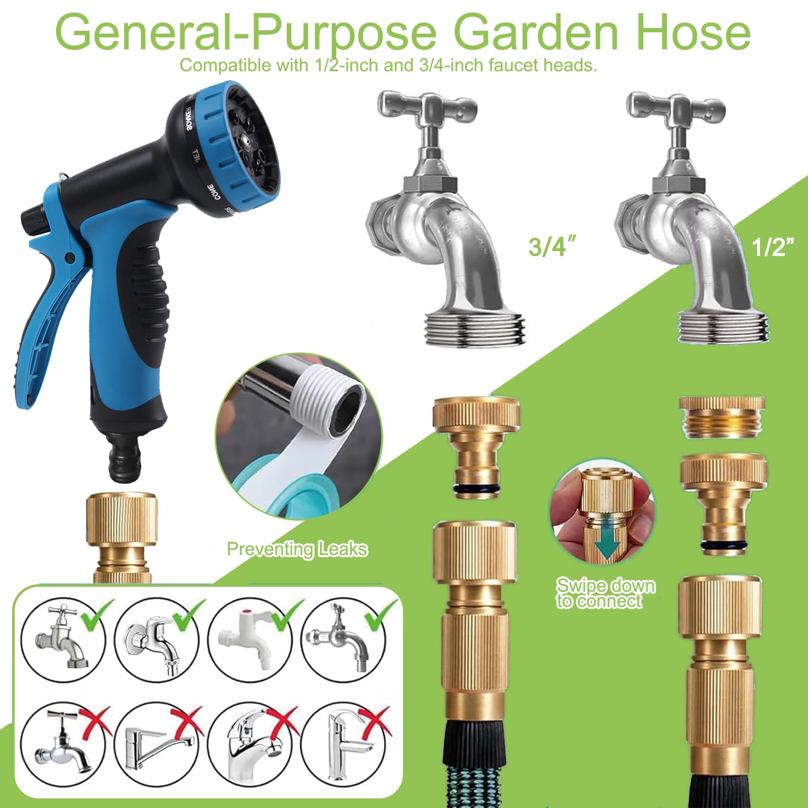 Tuyau Arrosage Extensible 15M/50ft, 10 Modes d'Arrosage, avec 1/2" et 3/4" Adaptateurs, Latex Triple Épaisseur Durable avec Raccords et Sac, pour Jardin, Arrosage, Nettoyage (15M/50ft)