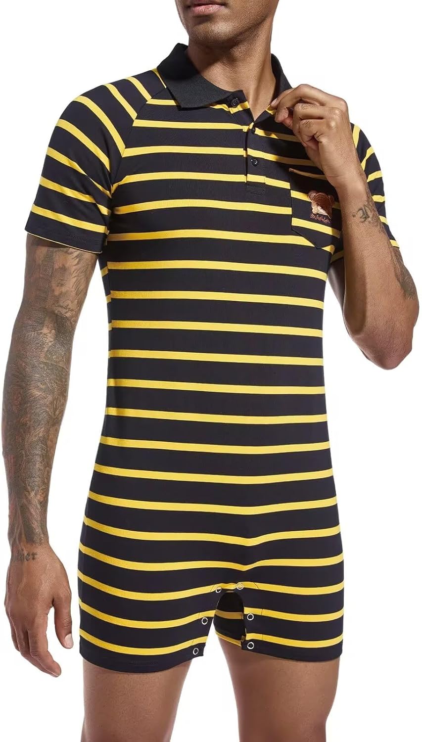 Landofgenie Mens Short Sleeve Romper Onesie One Piece Stripe Pajamas with Polo Collar - Image 3