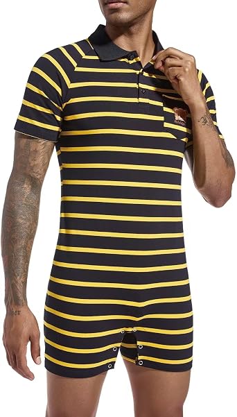 Landofgenie Men's Polo Stripe Romper Short Sleeve Pajama Onesie