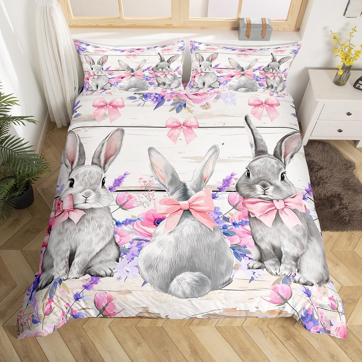 Grey Rabbits Duvet Cover Twin Size for Kids Teens,Rustic Farmhouse Wooden Stripes 2 Pieces Duvet Cover,Watercolor Purple Flowers Soft Comforter Cover (Not Comforter),Happy Easter Quilt Cover