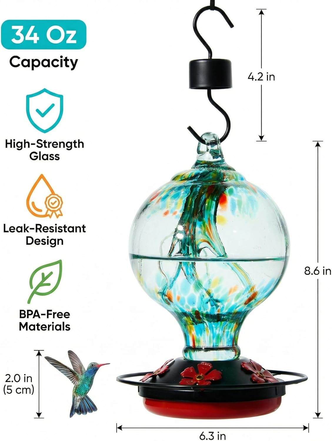 Hummingbird Feeder for Outdoors Hanging, 34 Oz, Hand Blown Inner Glass Uniqe Gift for Garden Lover Women, Ant Moat & Bee-Resistant Ports, Hook & Brush Included, Rainforest Blue