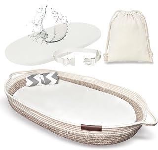 Premium Baby Changing Basket with Pads, Safety Belt and Extra Travel Diaper Pad, Thick Foam Pad with Wipeable Water-Resistant Pad Cover, Moses Basket Changing Table Topper for Dresser