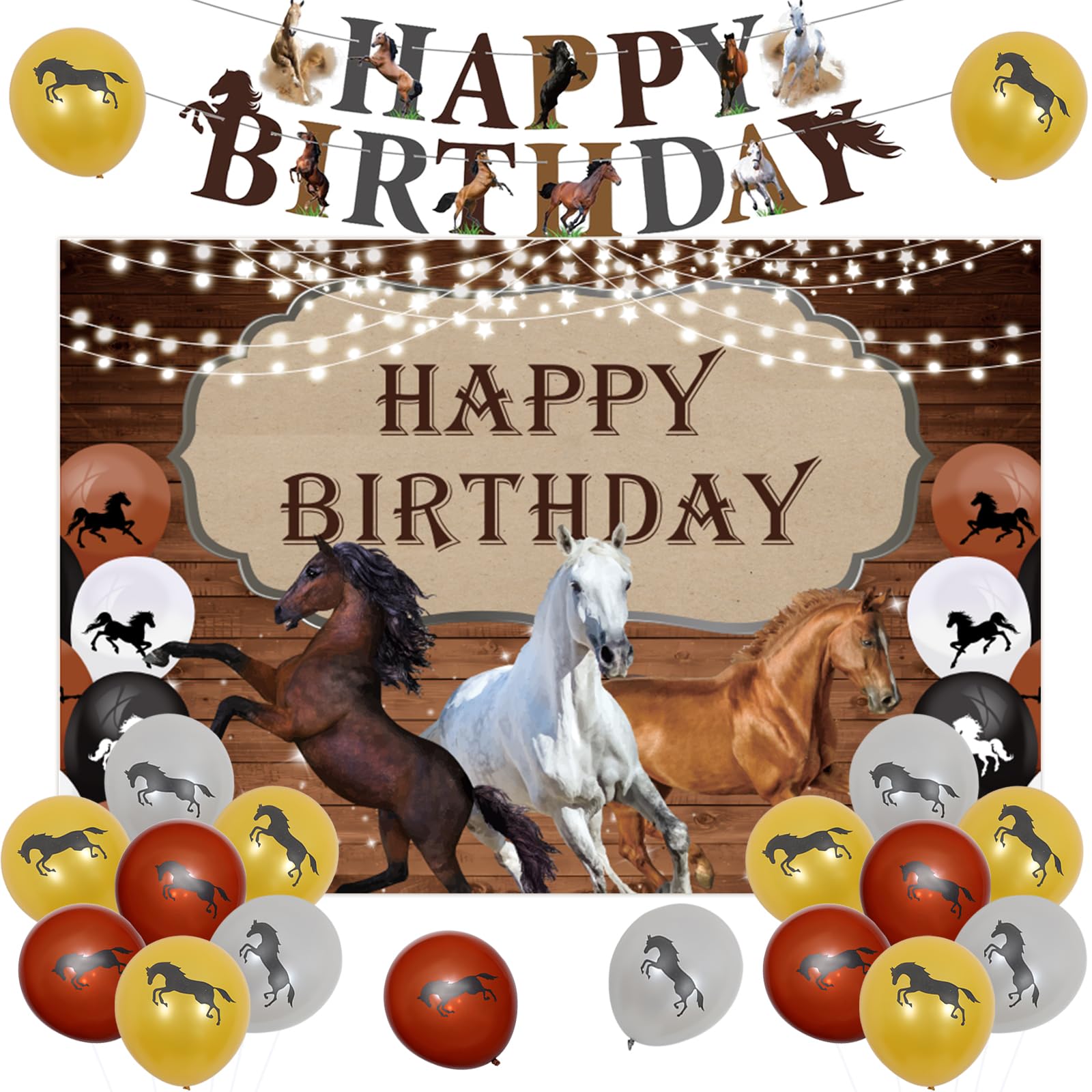 Jollyboom Decoración de cumpleaños de caballos, pancarta de feliz cumpleaños de caballo, globos de caballo para niños y niñas, suministros de fiesta de cumpleaños