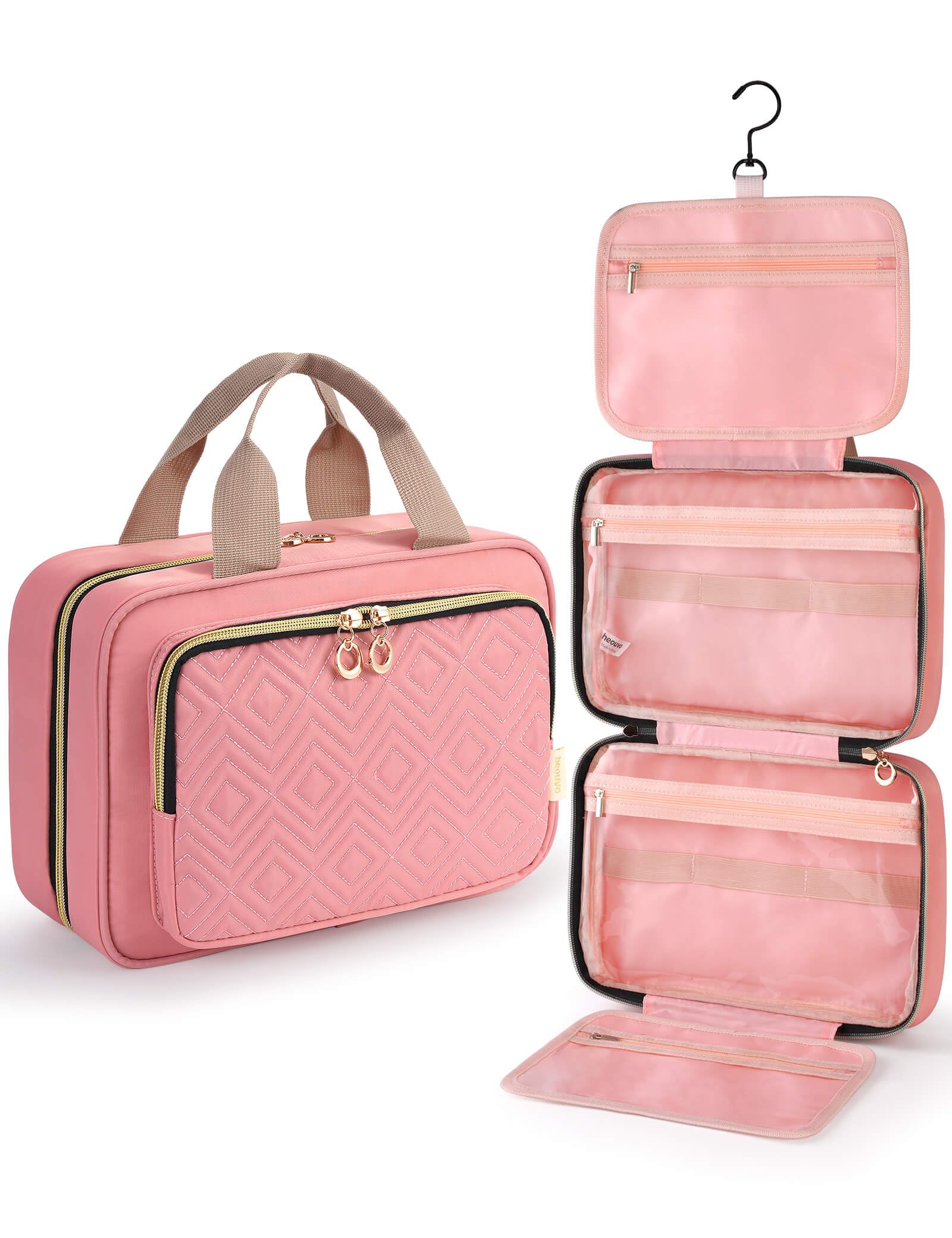 Travel Toiletry Bag for Women with Hanging Hook & Large Wet Compartment for Full-Sized Container, Water-Resistant Makeup Cosmetic Traveling Bag for Brushes, Shampoo, Essentials (Pink)