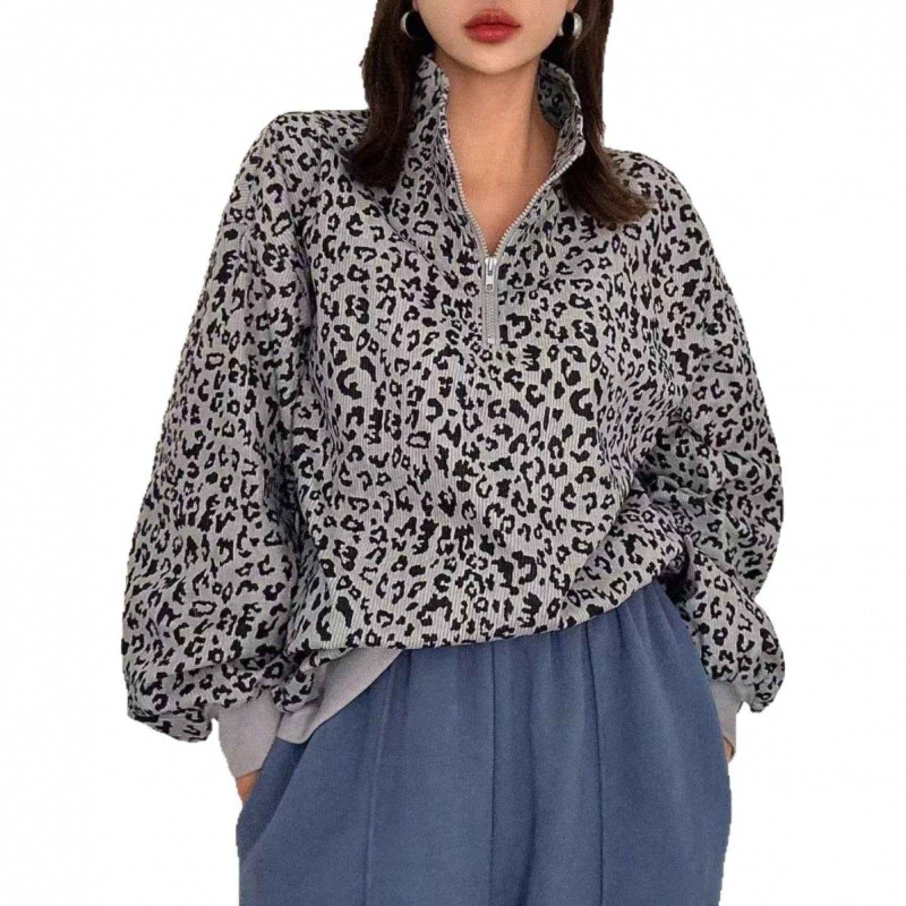 Vintage Leopard Print Quarter Zip Stand Collar Pullover Long Sleeve Casual Fall Winter Top