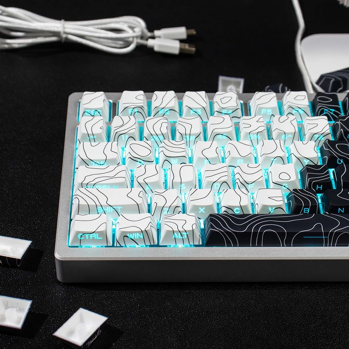 Sumgsn 131 Keys Custom PBT Dye Sub Keycaps Cherry Profile Black White Topographic Keycaps Set Fit for 60% 65% 75% 95% Mechanical Keyboard Cherry Mx Switches Mechanical Keyboard