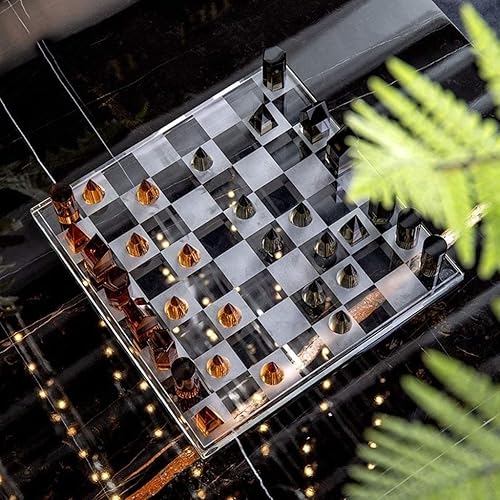 Habrur Juego de tablero de ajedrez juego de ajedrez de cristal, tablero de ajedrez geométrico de alta gama, piezas de ajedrez internacional de lujo