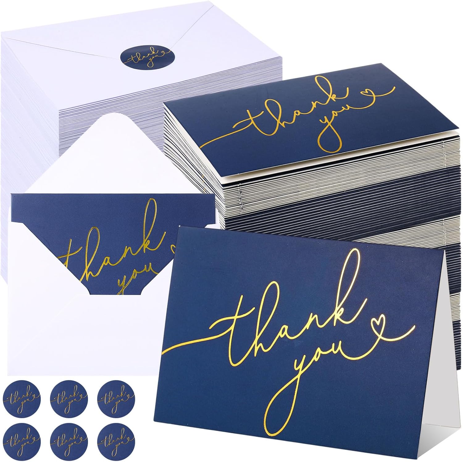Gueevin 200 Pcs Thank You Cards with Envelopes & Foiled Stickers Bulk 3. 5 x 5 Inch Greeting Cards Foiled Thank You Notes for Wedding, Bridal Shower, Business, Graduation and More(Navy Blue)