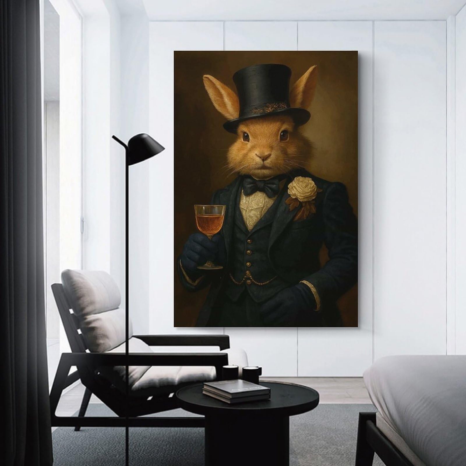 Junmoney Dapper Rabbit Portrait with Drink Wall Picture Print 20x30inch(50x75cm), for Home Office, Desk Area Or Studio, Home Office Artwork with Decorative Appeal